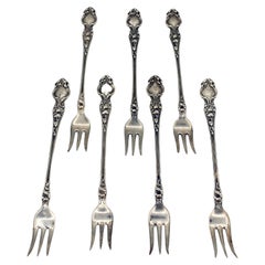 Seven Art Nouveau Sterling Silver Oyster Forks by Wallace