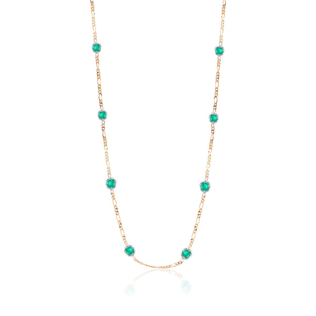 Round Cut Seven Bezel-Set Emerald in Yellow Gold Necklace Weighing 1.15 Carat