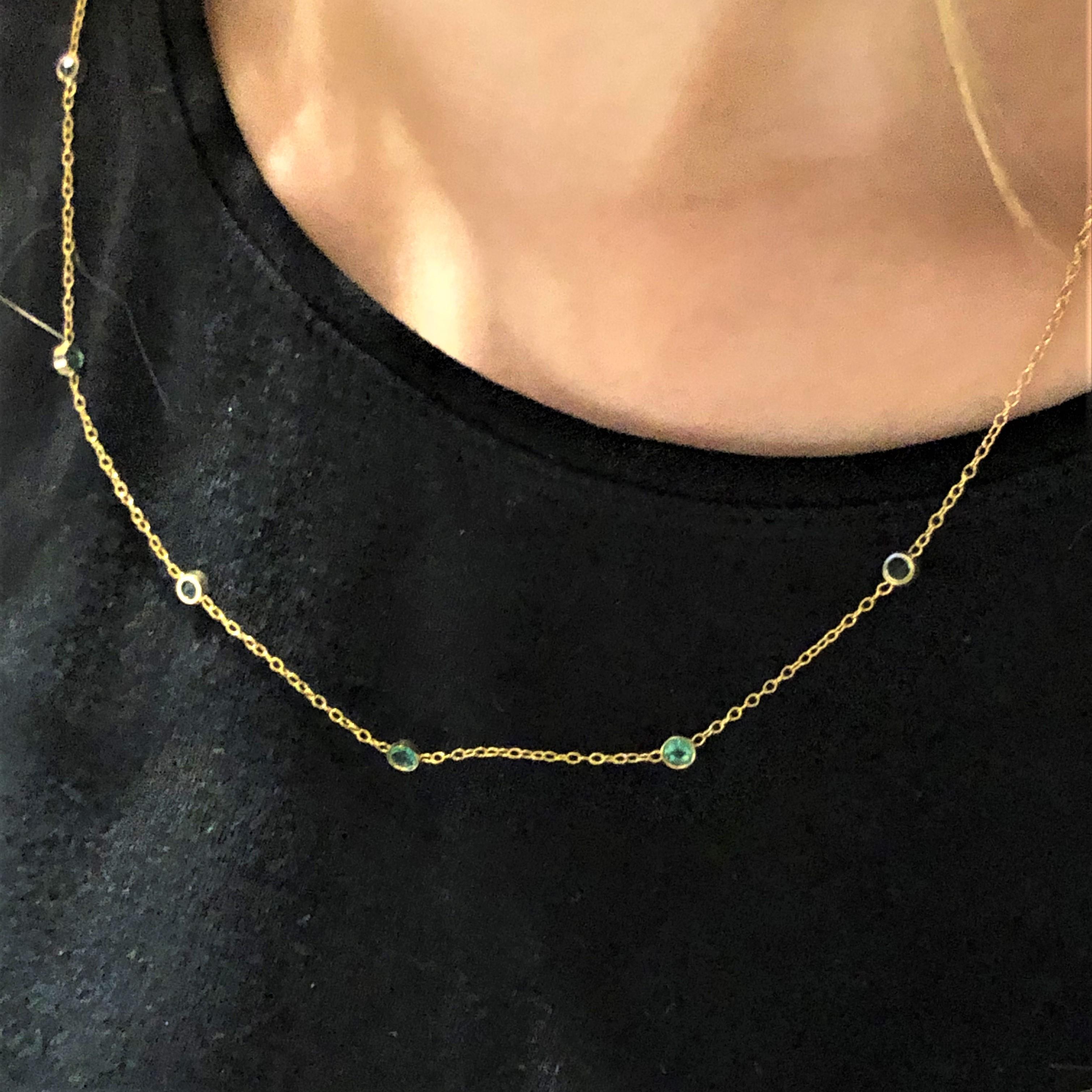 Women's or Men's Seven Bezel-Set Emerald in Yellow Gold Necklace Weighing 1.15 Carat
