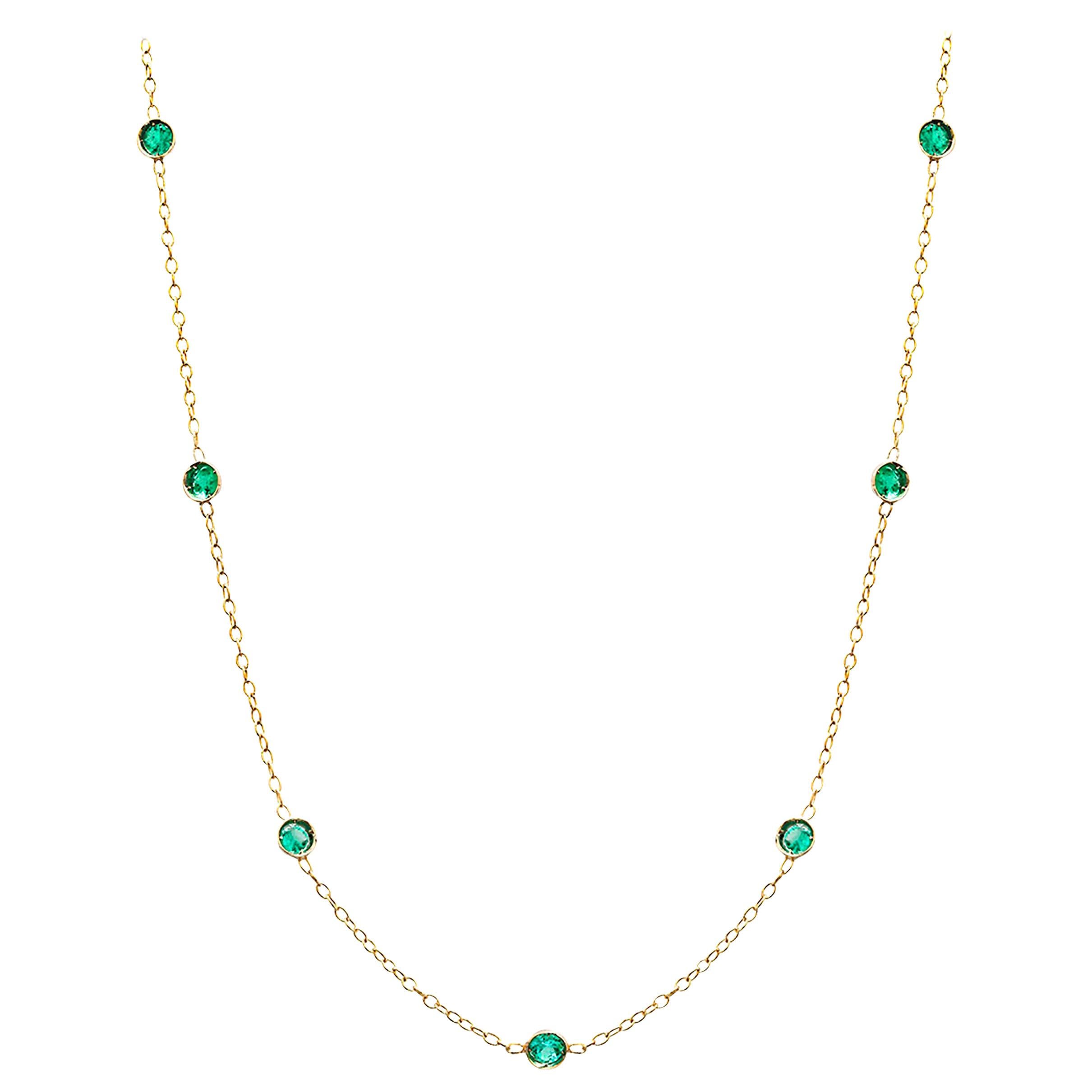 Seven Bezel-Set Emerald in Yellow Gold Necklace Weighing 1.15 Carat