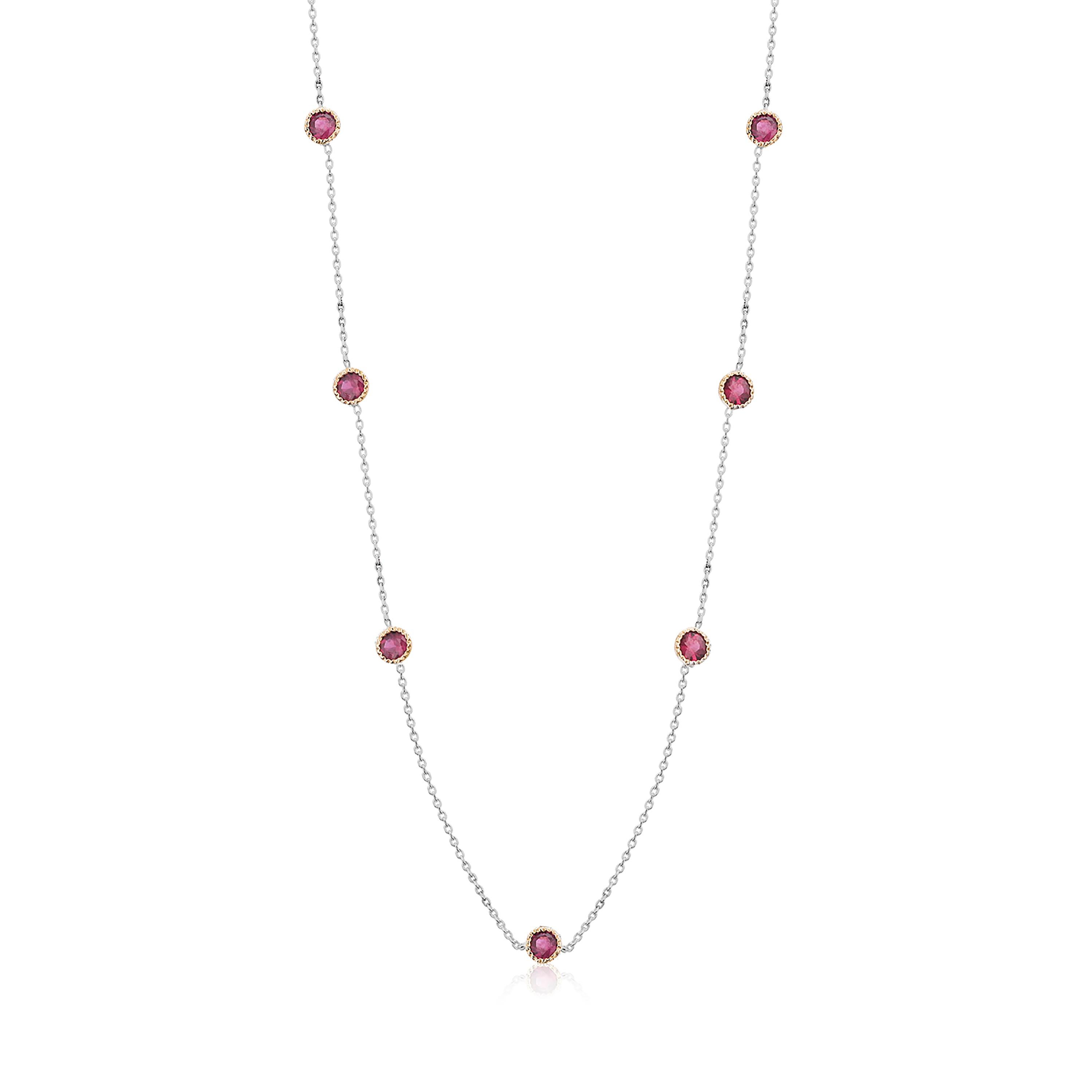 Contemporary Seven Bezel-Set Round Ruby Yellow and White Gold Necklace