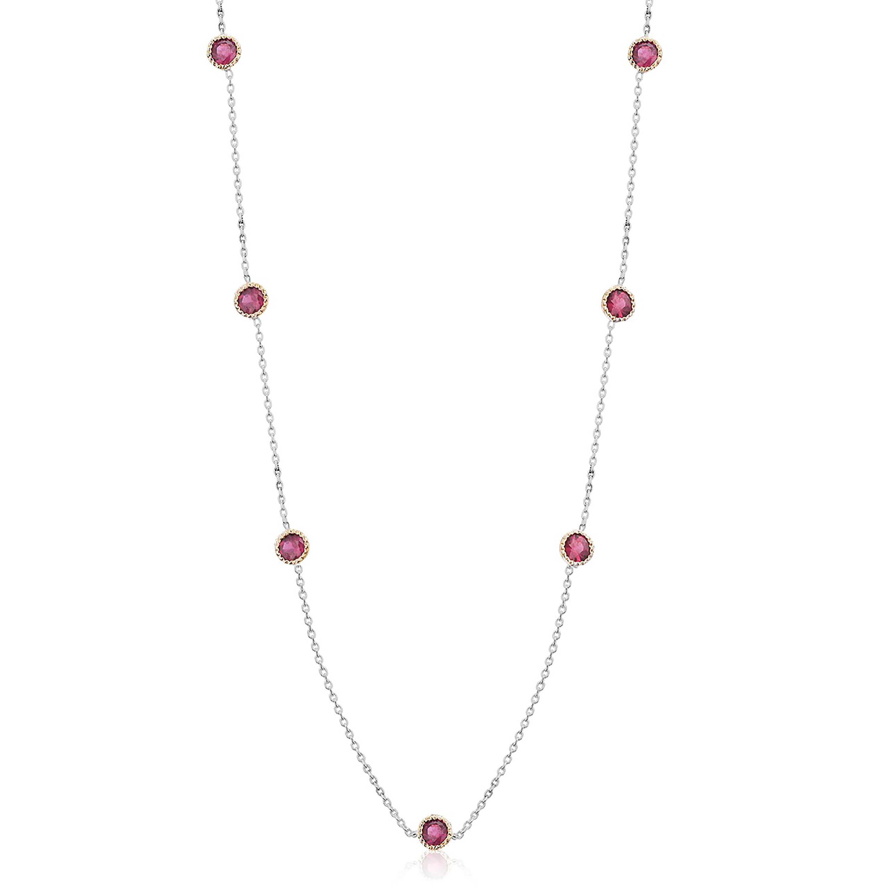 Round Cut Seven Bezel-Set Round Ruby Yellow and White Gold Necklace