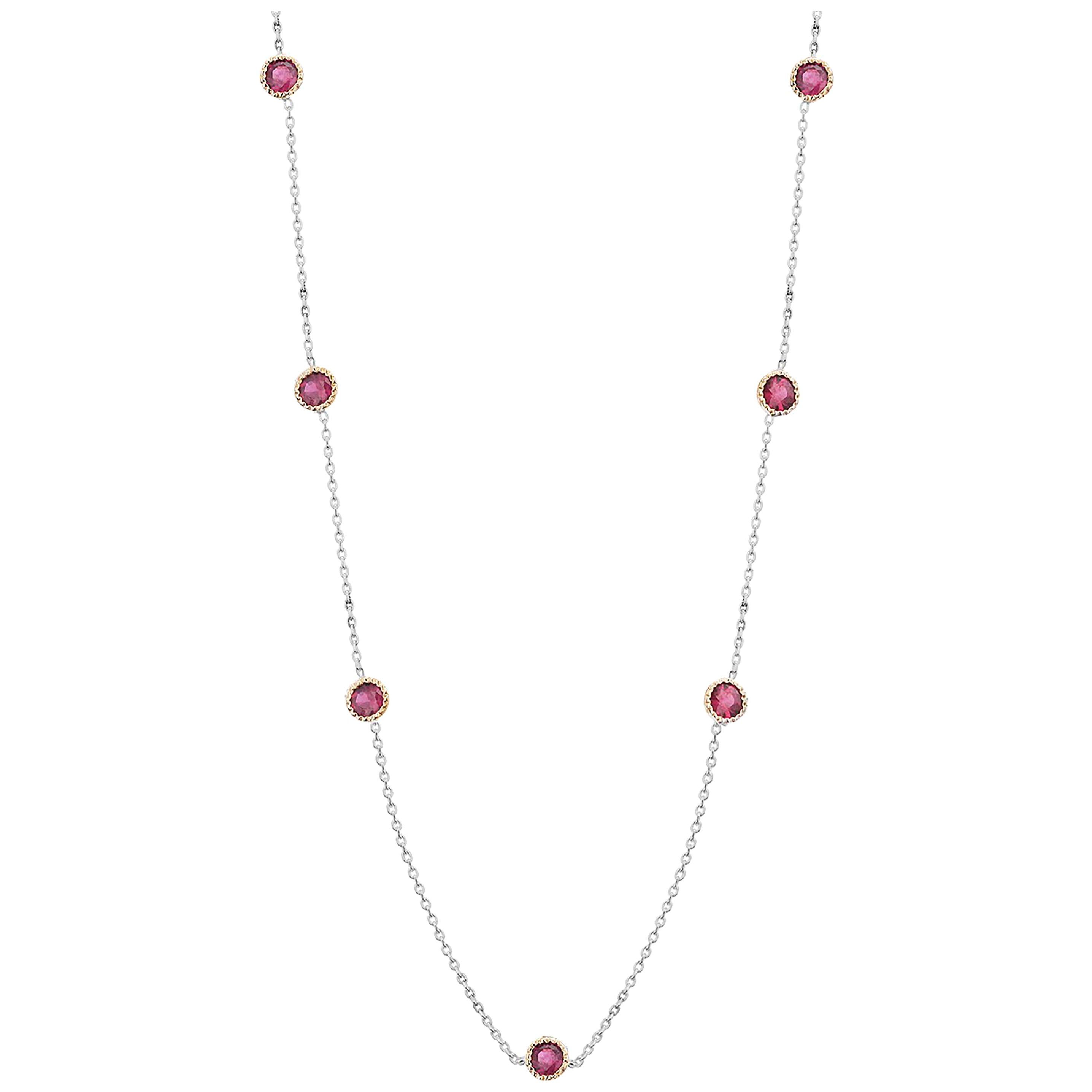 Seven Bezel-Set Round Ruby Yellow and White Gold Necklace