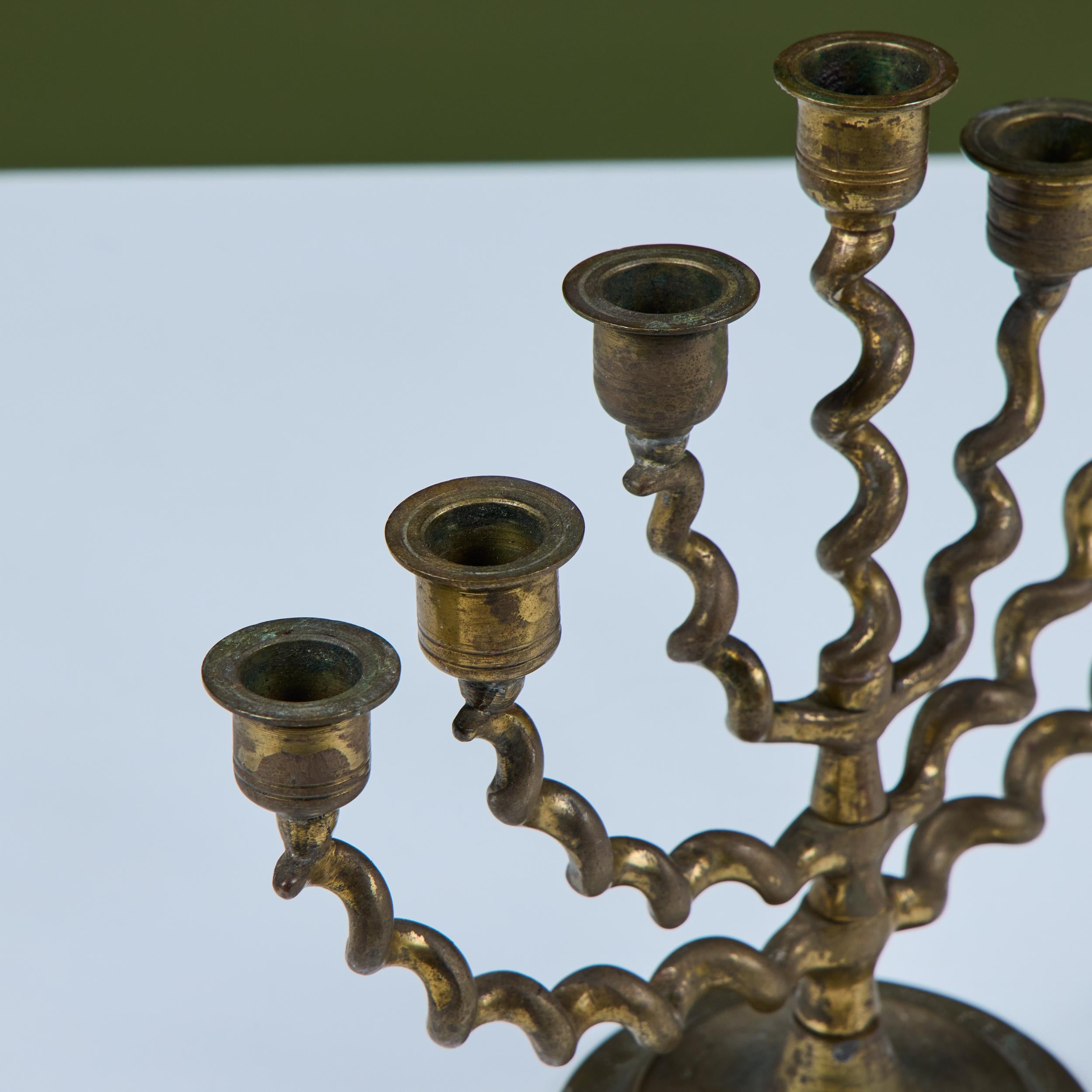 Organic Modern Seven Branch Spiral Brass Menorah For Sale