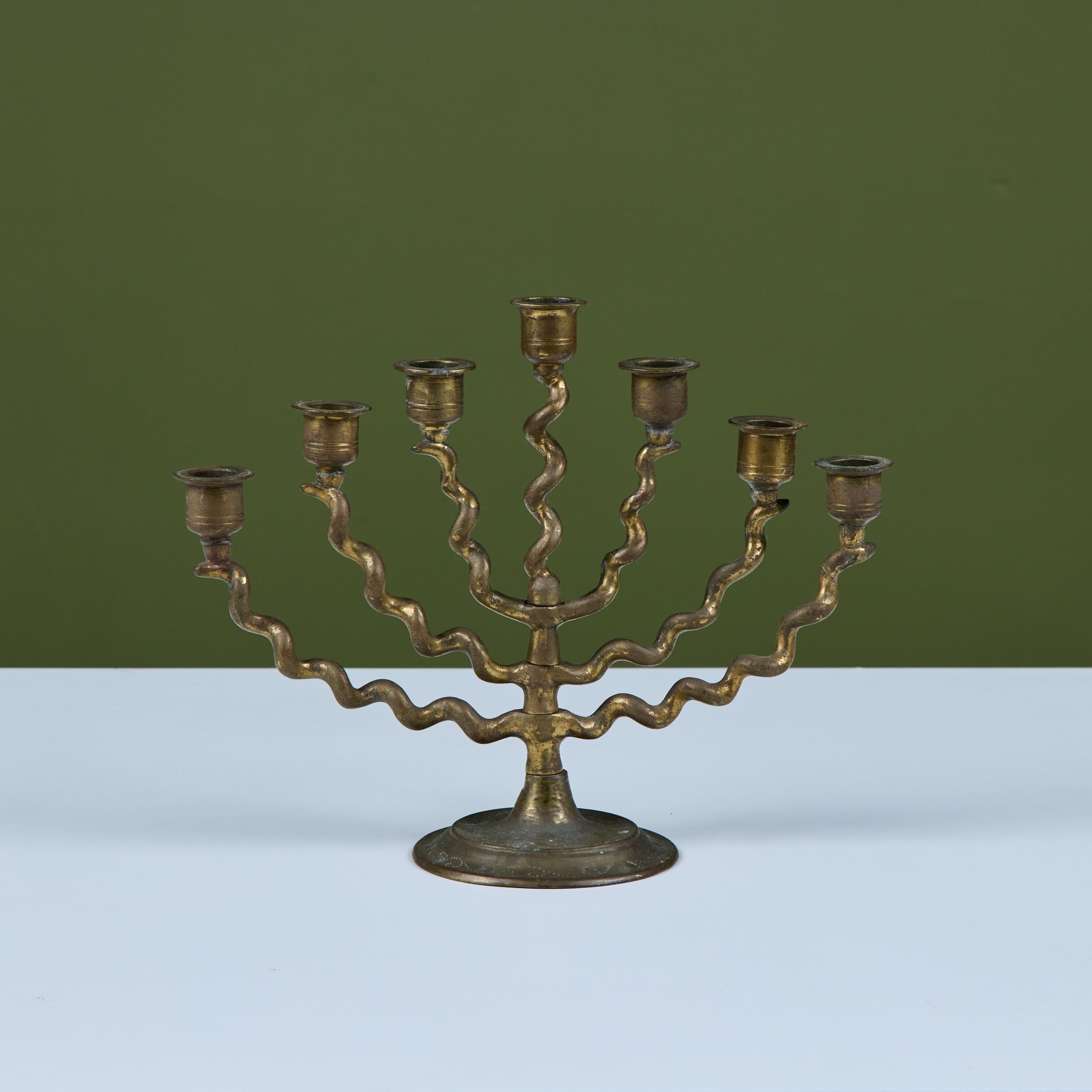 Seven Branch Spiral Brass Menorah In Good Condition For Sale In Los Angeles, CA