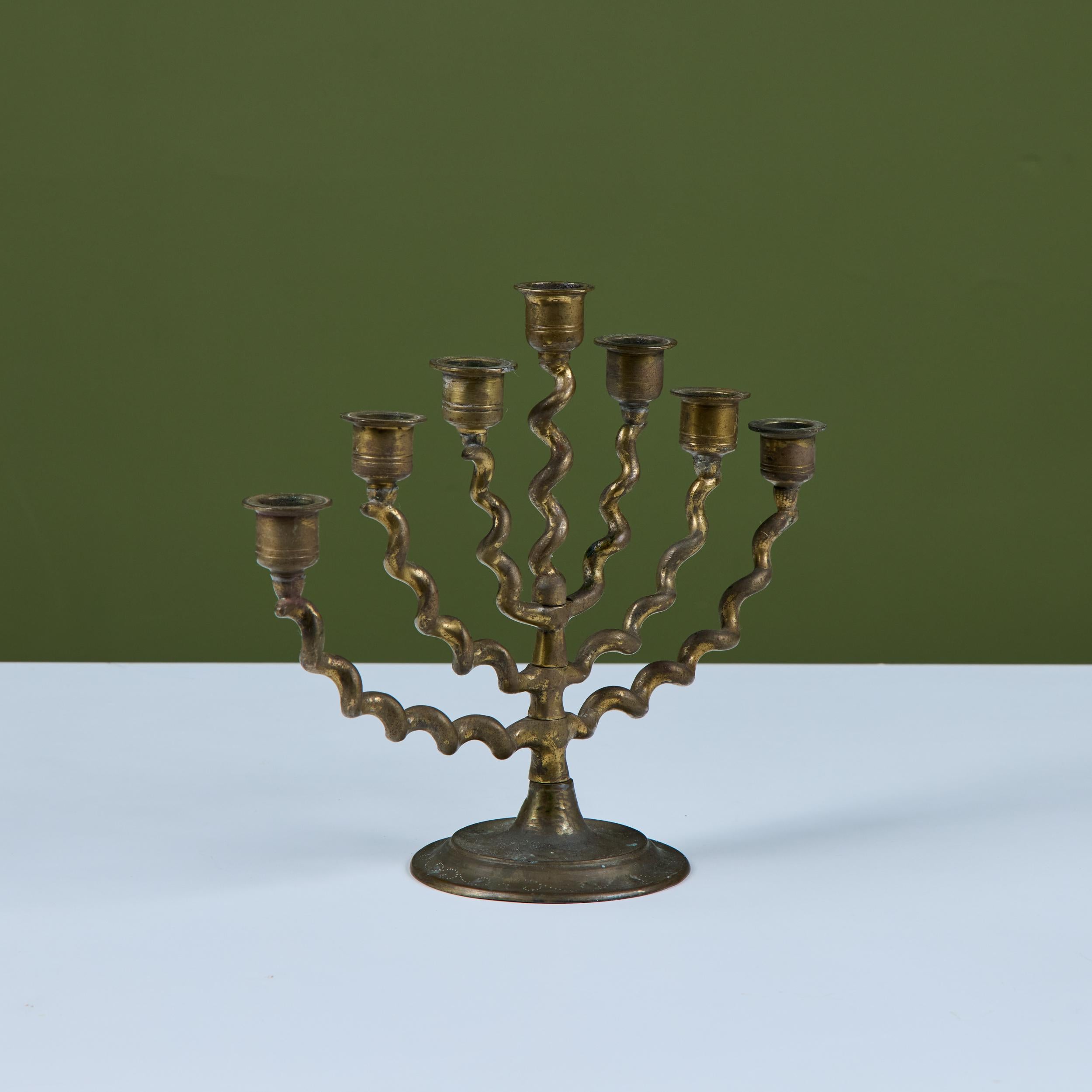 20th Century Seven Branch Spiral Brass Menorah For Sale