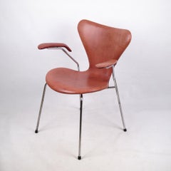 Seven Chair With Armrest Model 3207 In Cognac Leather By Arne Jacobsen