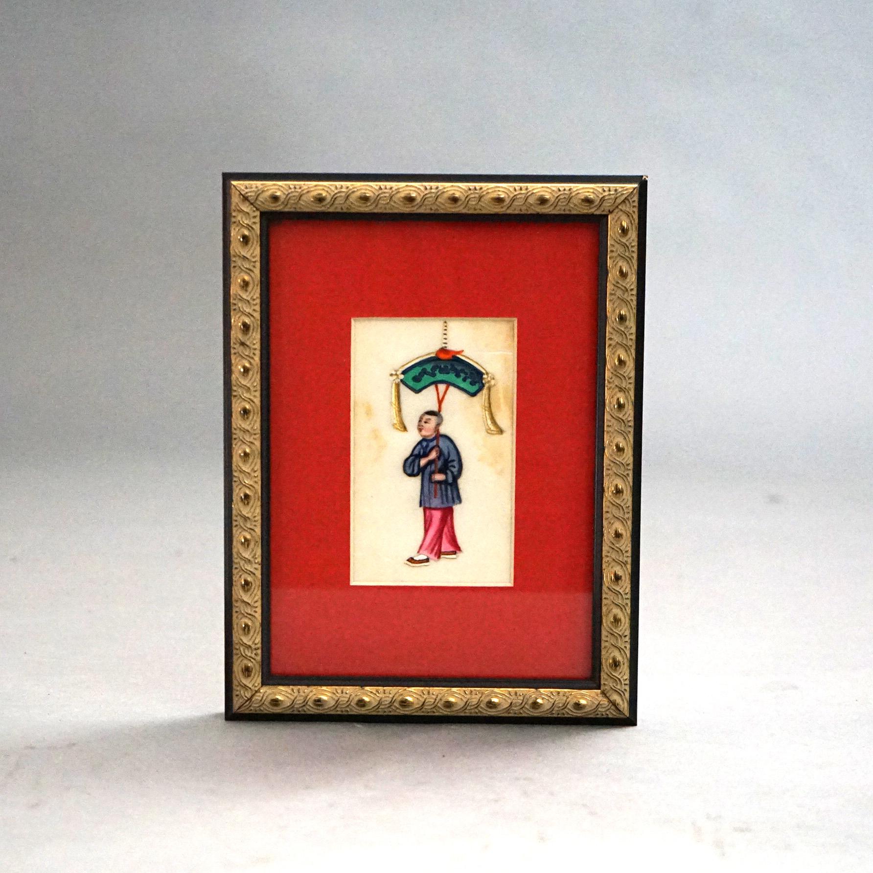 Hand-Painted Seven Chinese Miniature Figural Paintings on Silk, Framed, 20thC For Sale
