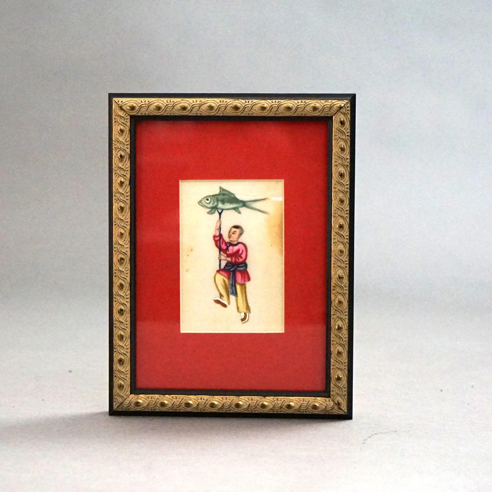 Sieben chinesische Miniatur-Figurengemälde auf Seide, gerahmt, 20. (20. Jahrhundert) im Angebot