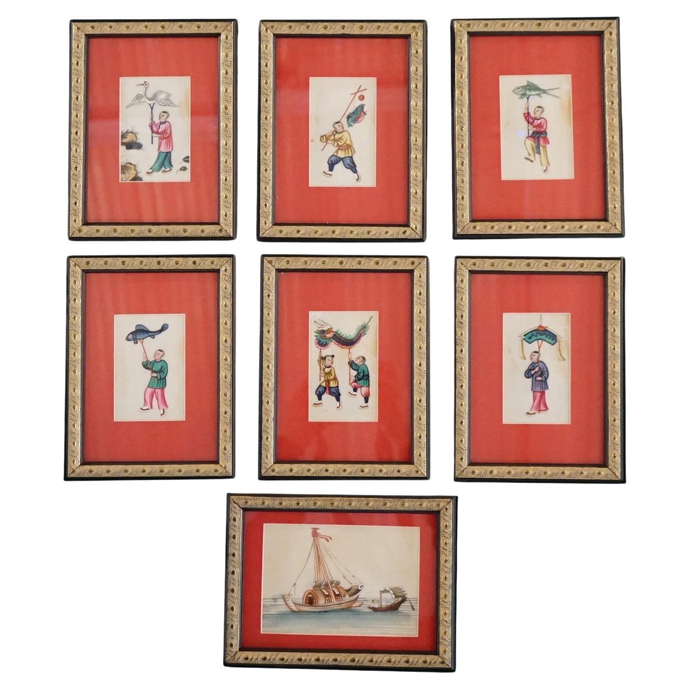 Seven Chinese Miniature Figural Paintings on Silk, Framed, 20thC For Sale