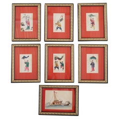 Sept peintures figuratives chinoises miniatures sur soie, encadrées, 20e siècle