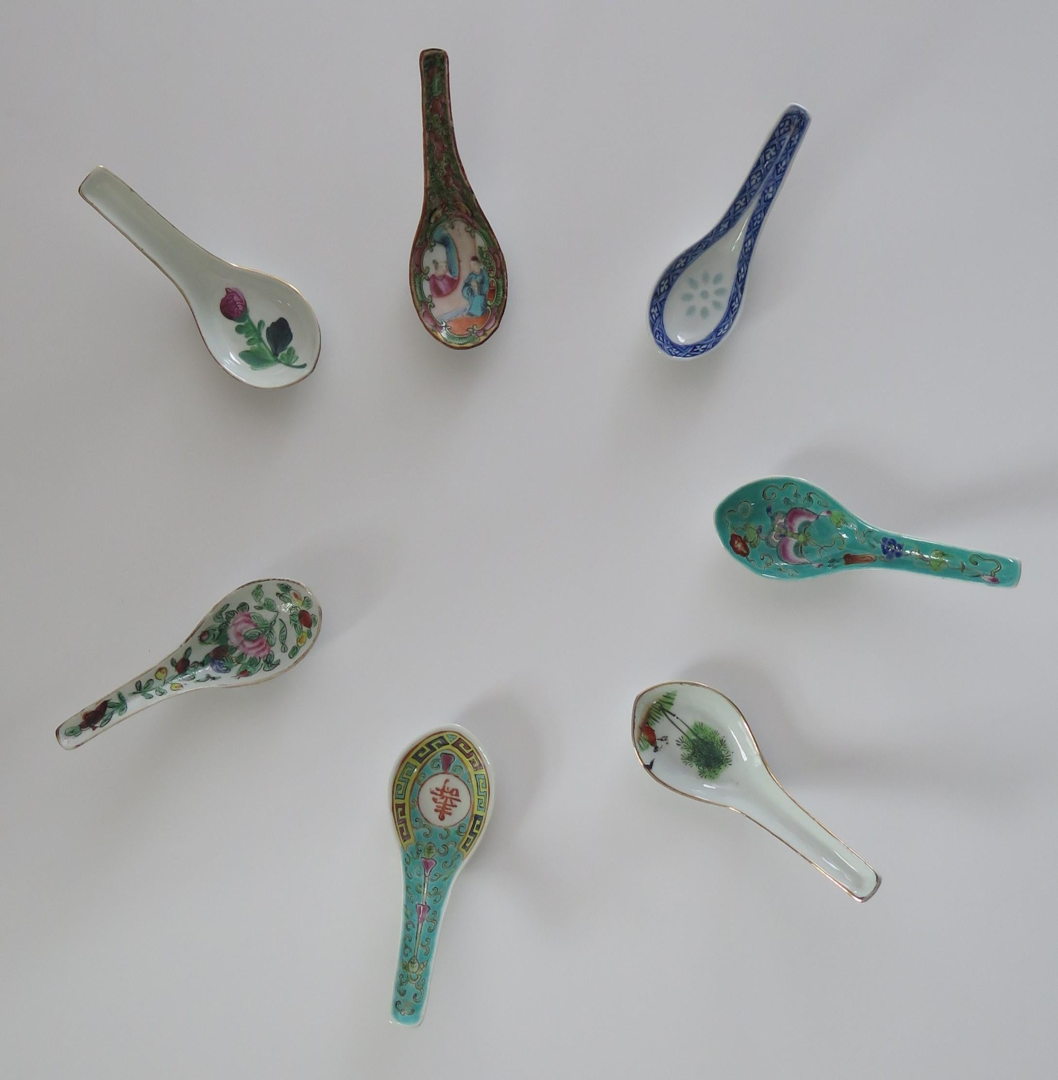 This is a group of SEVEN individually different Chinese Export porcelain serving Spoons.

Each spoon has similar nominal dimensions and they all have different hand painted decoration.

They range in date from a beautiful Canton Famille Rose
