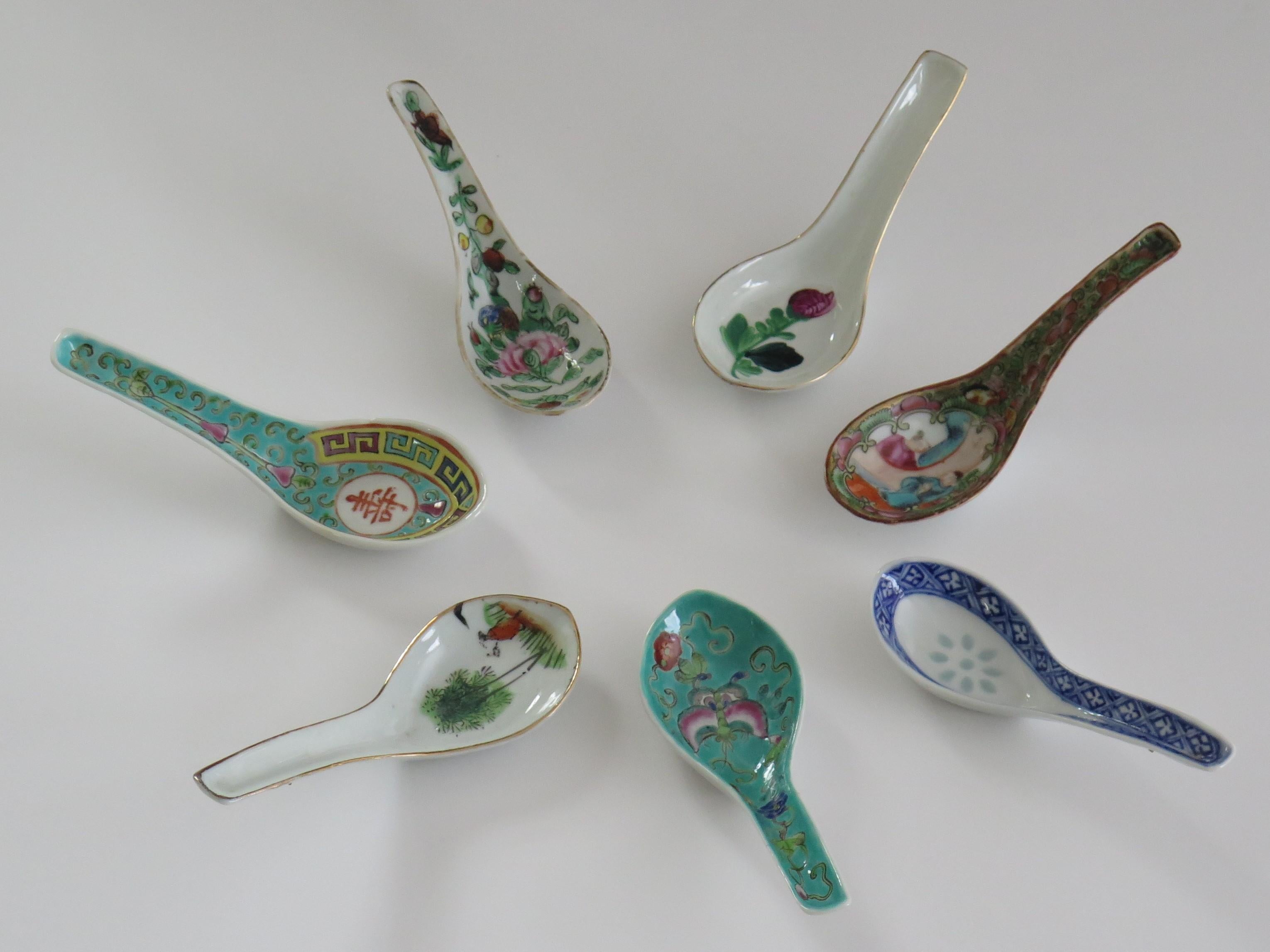 Chinese Export SEVEN Chinese Porcelain Serving Spoons All Hand Painted, 19th & 20th Century For Sale