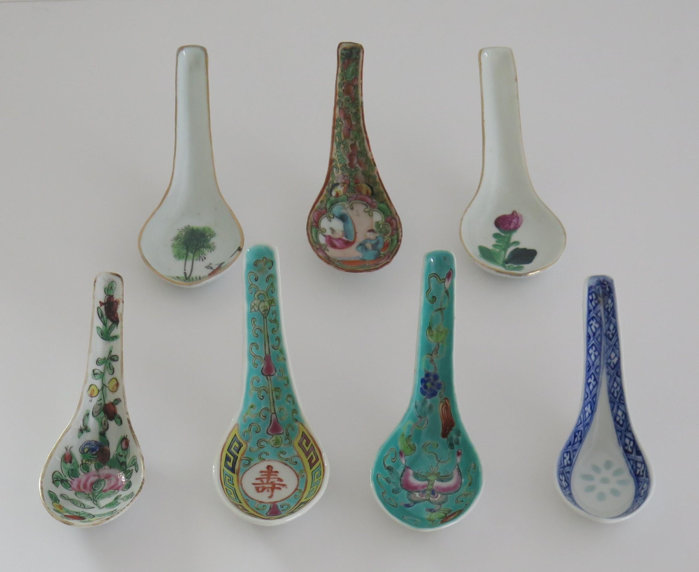 SIETE Cucharas de Porcelana China Todas Pintadas a Mano, Siglos XIX y XX Exportación china en venta