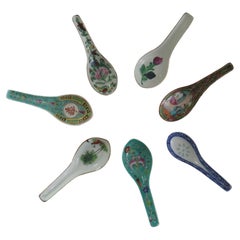 Antique SEVEN Chinese Porcelain Serving Spoons All Hand Painted, 19th & 20th Century
