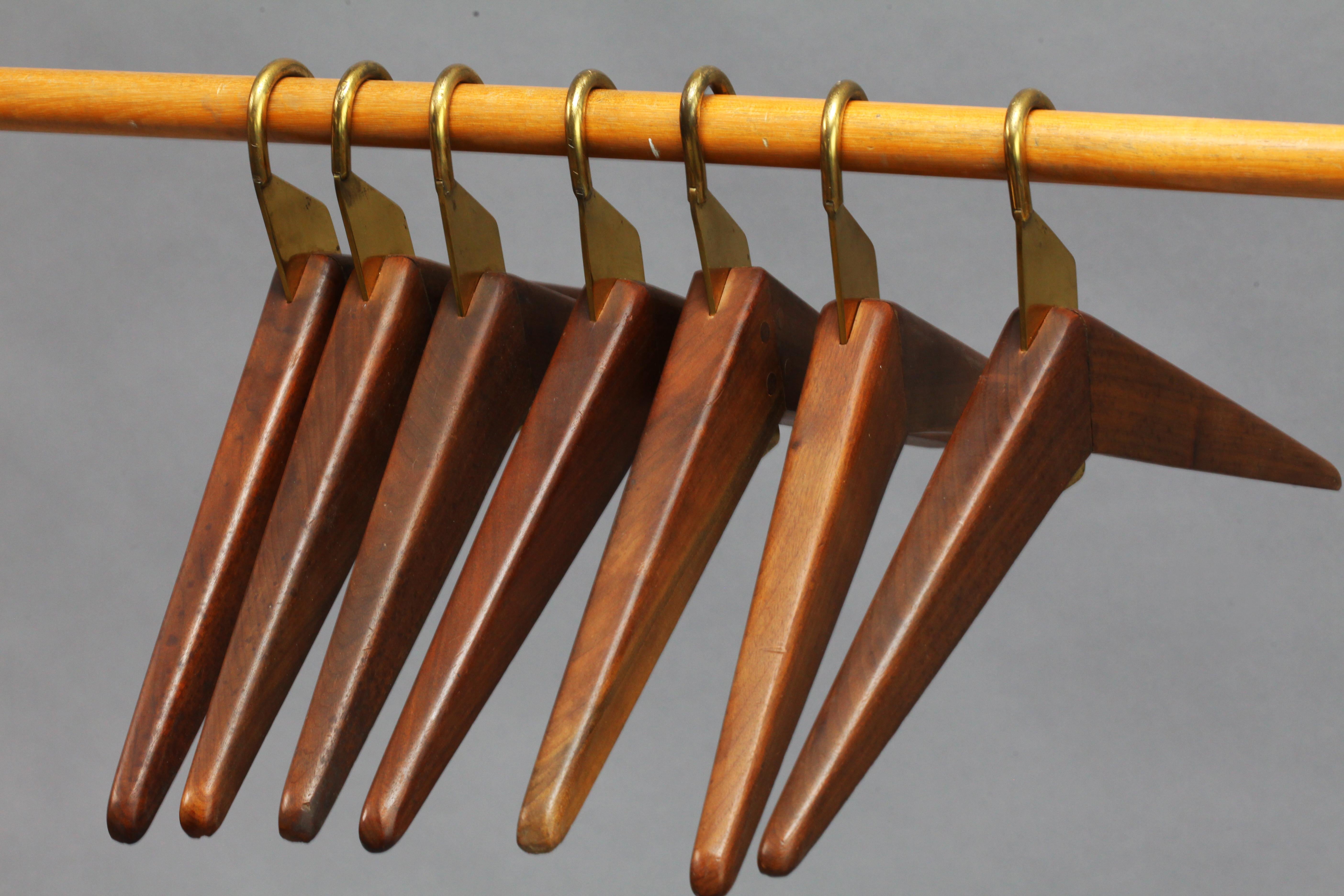 Brass seven cloth hanger, attributed Hagenauer, Vienna 1950, solid wood, brass