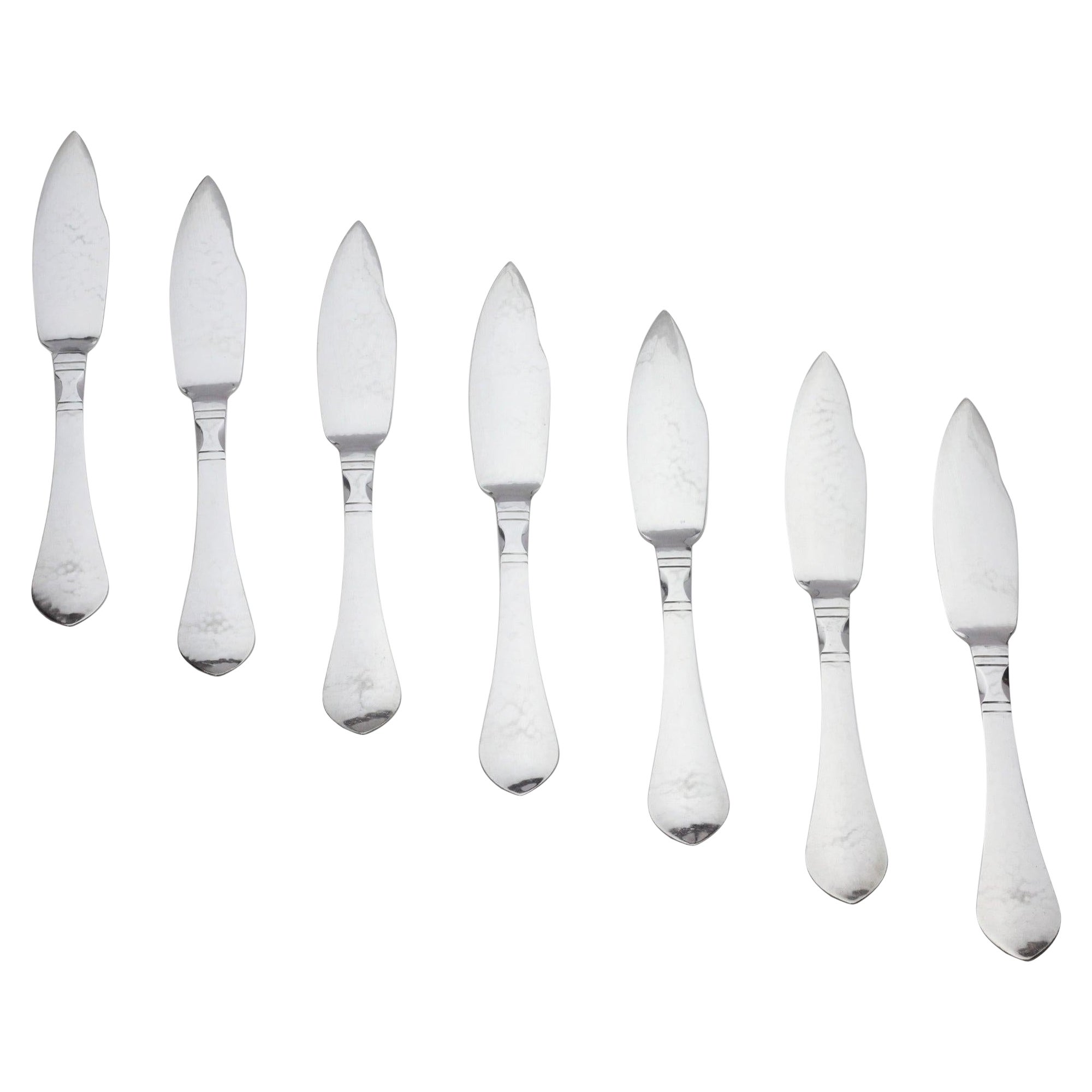 Seven 
Continental Pattern
 Georg Jensen Fish Knives in .830 Silver