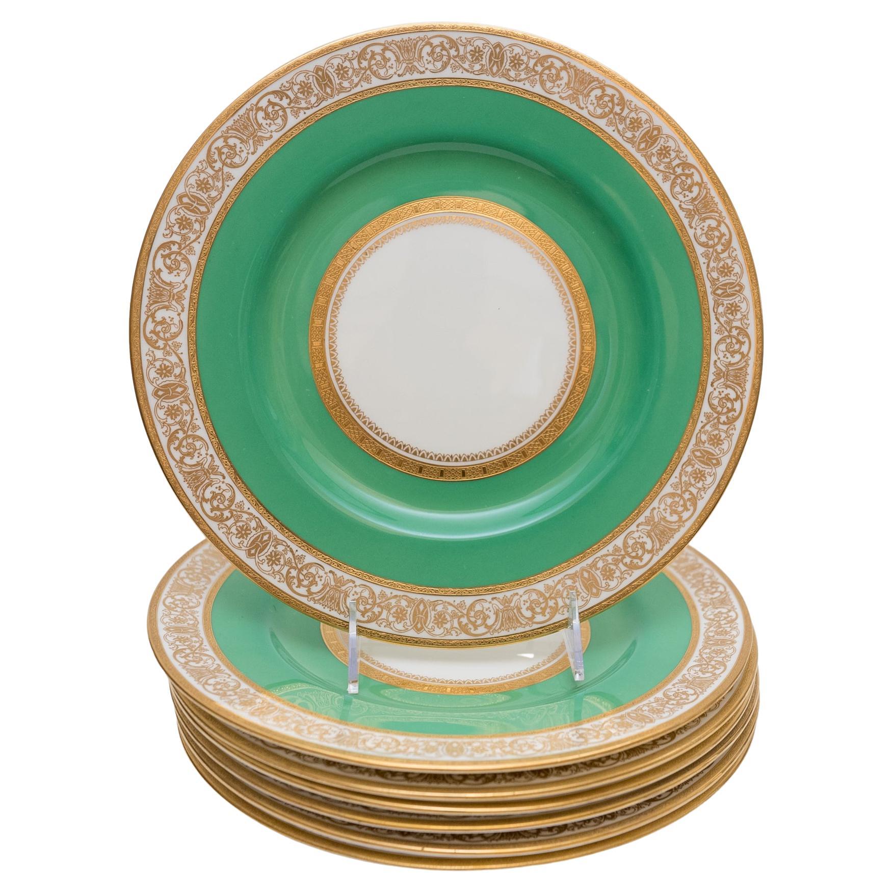 Seven Custom Antique Dinner Plates, Fine Gold Design on Green Ground. English  For Sale