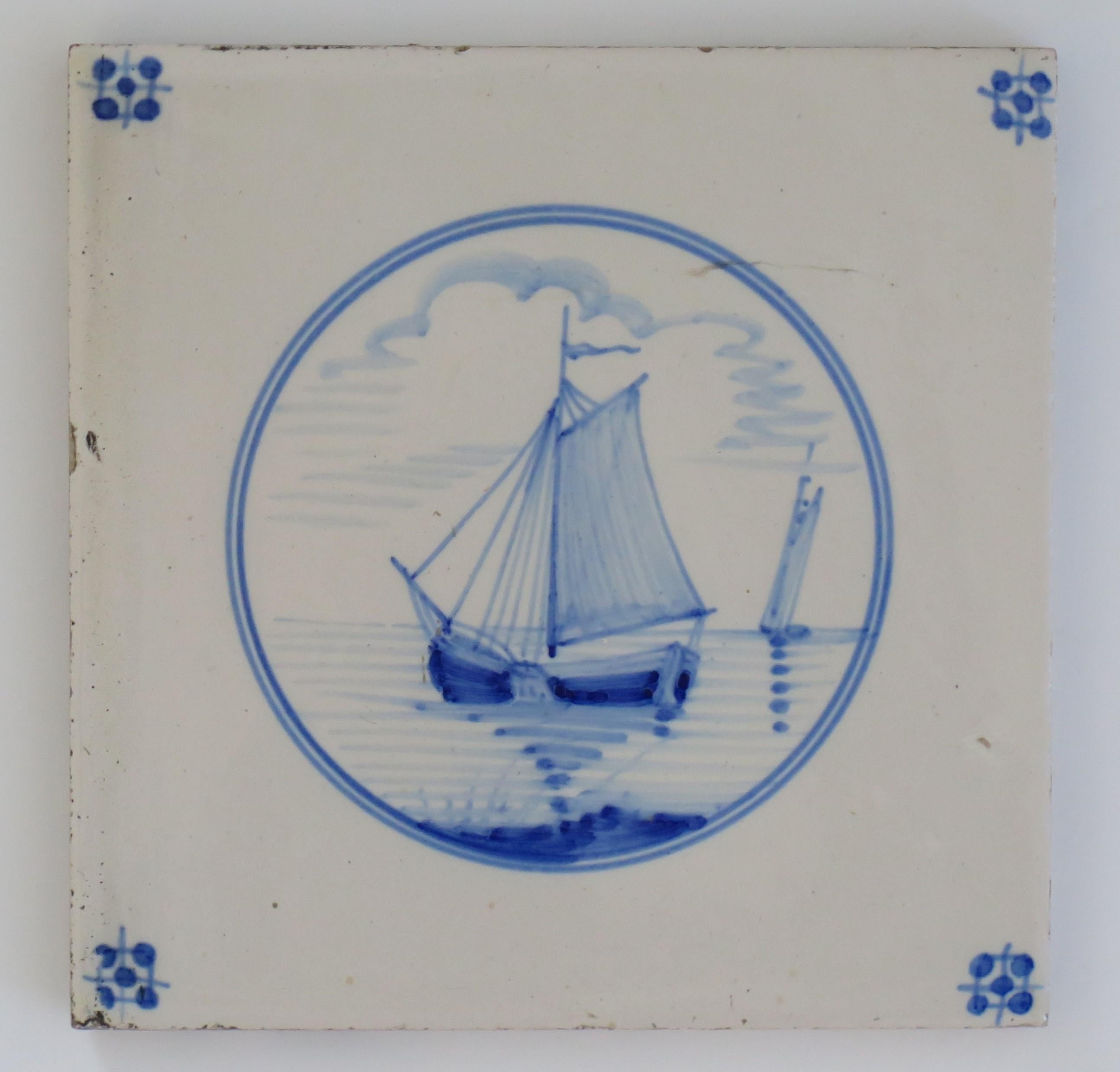 Seven Delft Blue and White Tiles All Hand Painted, Dutch 19th Century 1