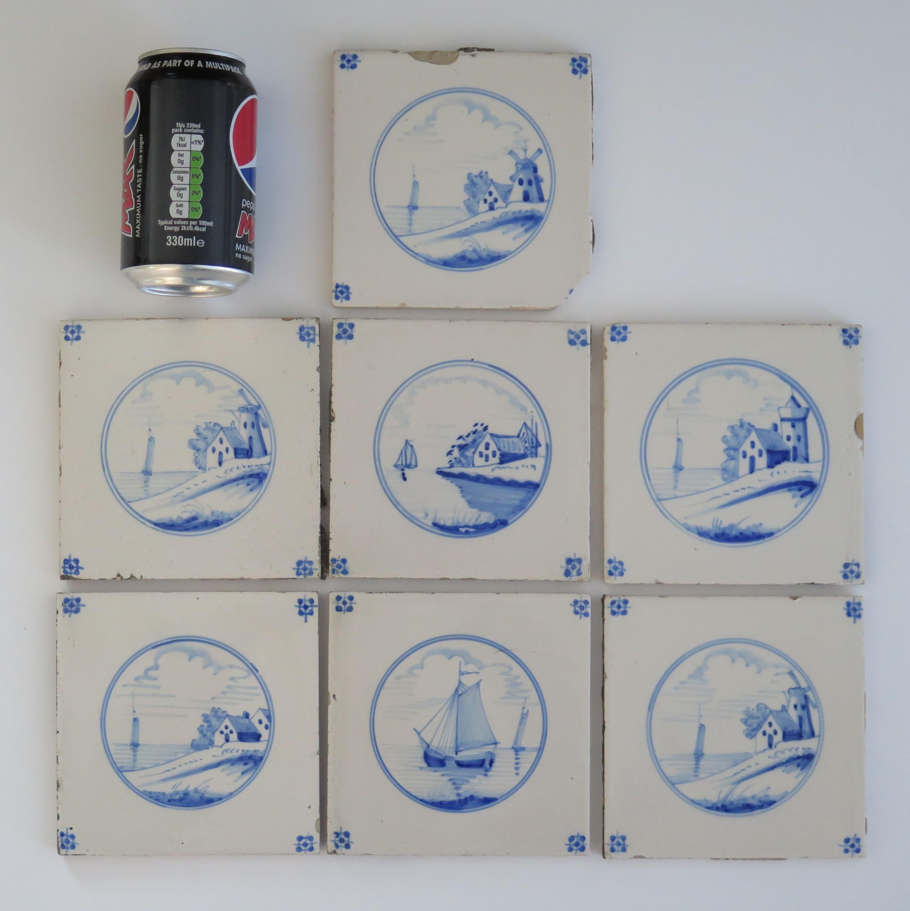 Seven Delft Blue and White Tiles All Hand Painted, Dutch 19th Century 6