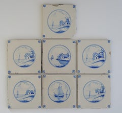 Seven Delft Blue and White Tiles All Hand Painted, Dutch 19th Century