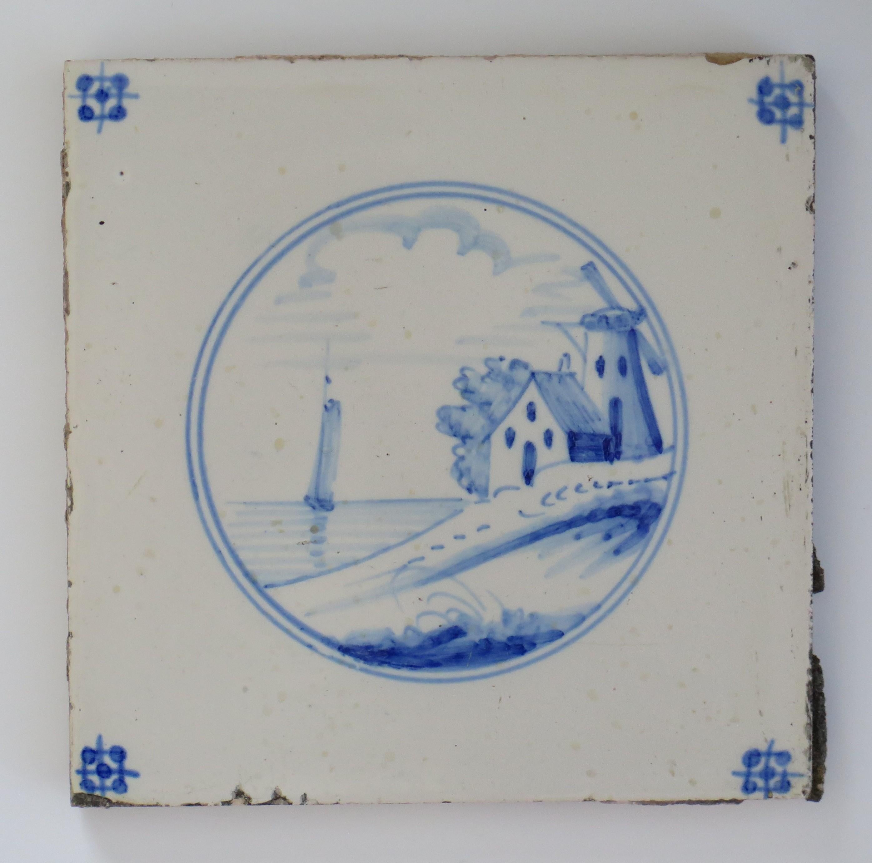 Dutch Colonial Seven Delft Blue and White Tiles All Hand Painted, Dutch 19th Century