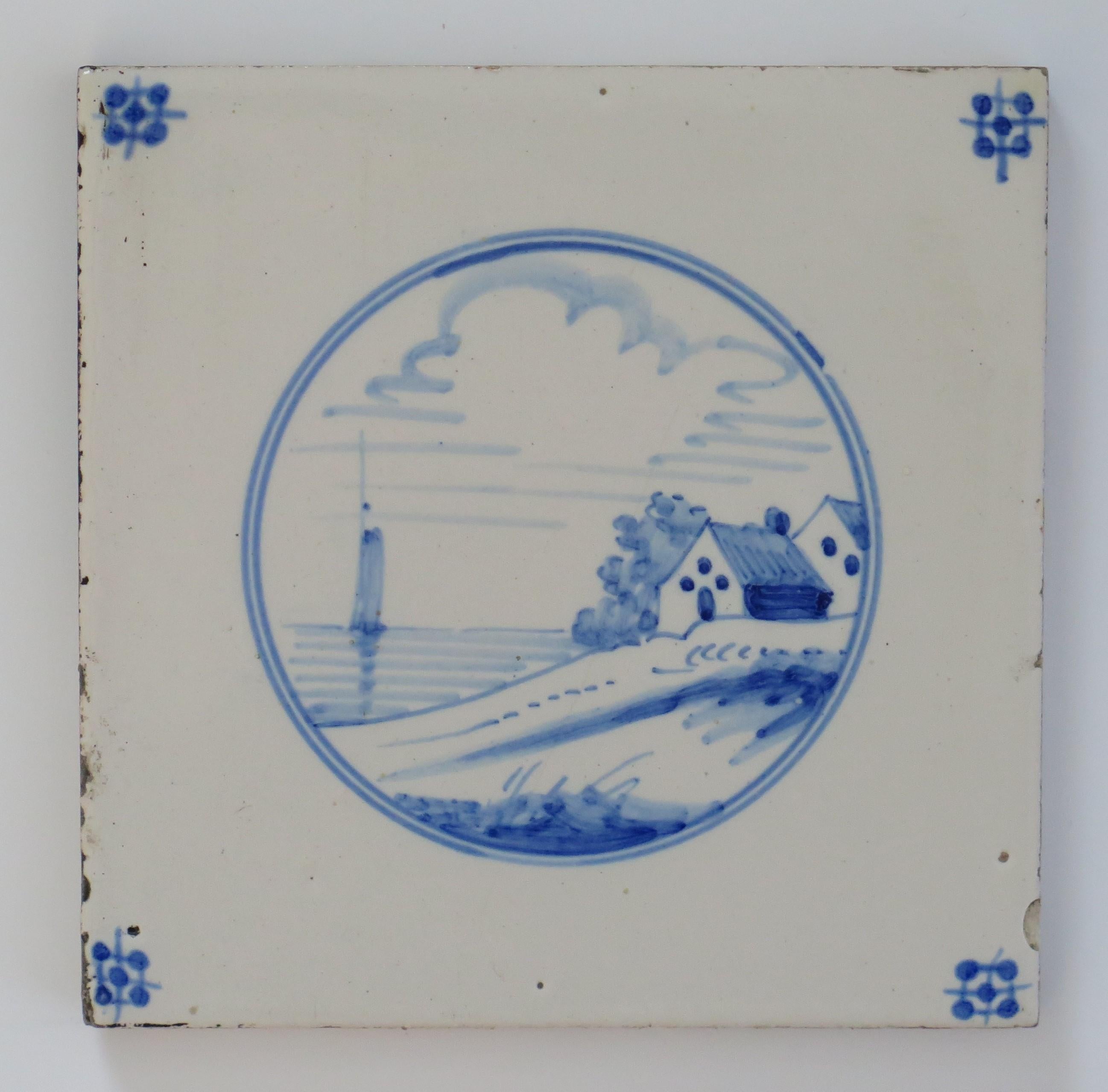 Earthenware Seven Delft Blue and White Tiles All Hand Painted, Dutch 19th Century