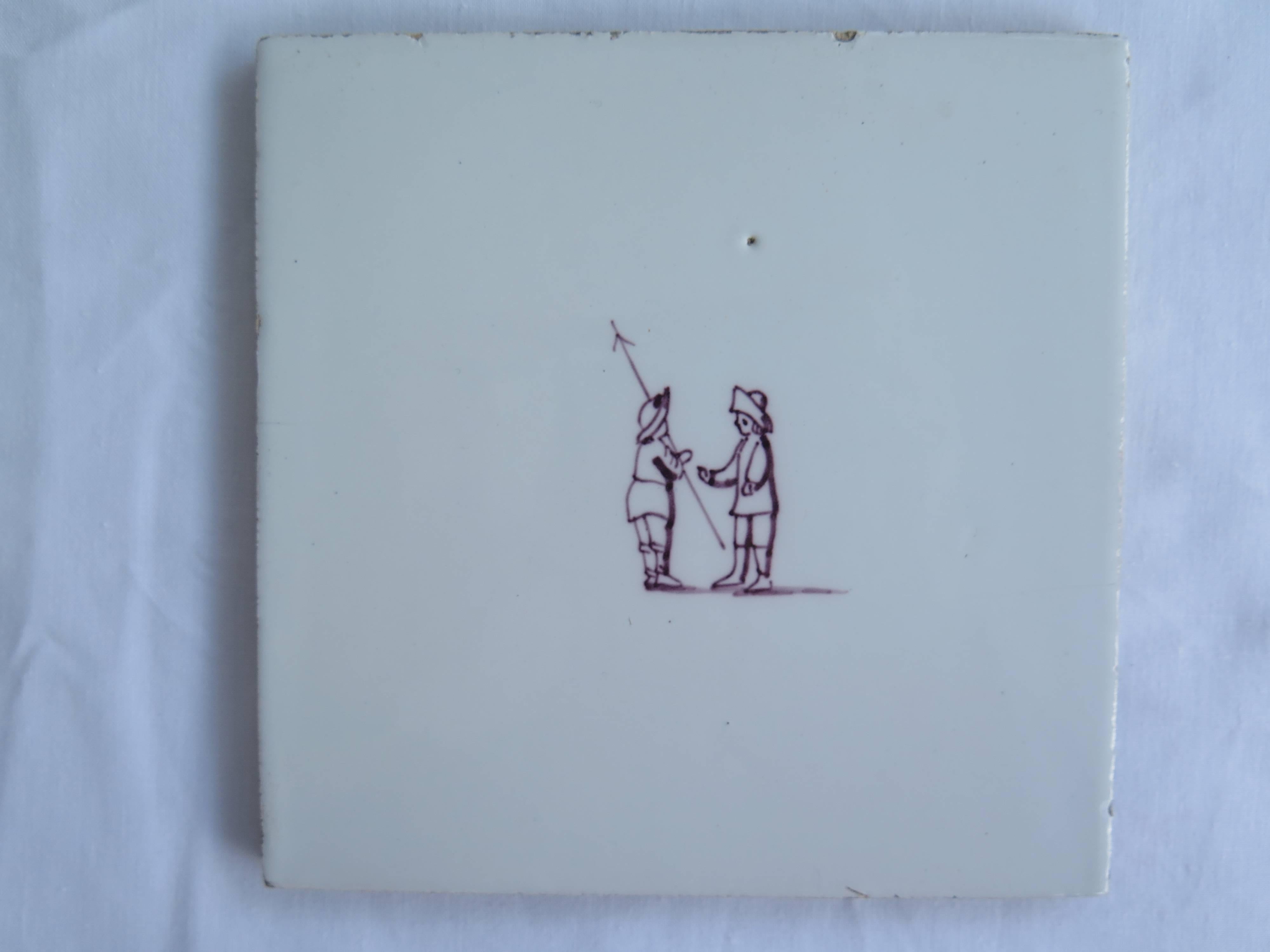 Glazed Seven Delft Ceramic Manganese Wall Tiles Hand painted Children's Games