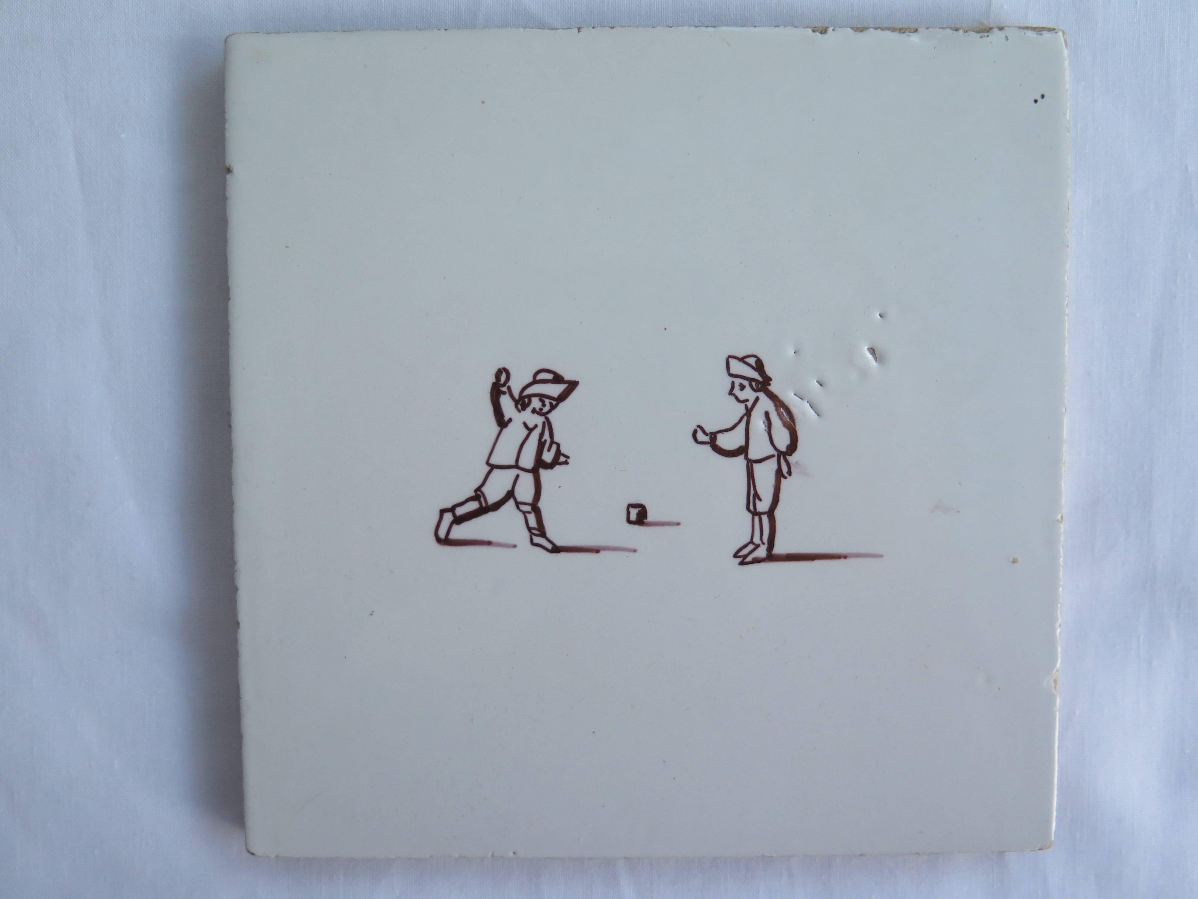 Seven Delft Ceramic Manganese Wall Tiles Hand painted Children's Games In Good Condition In Lincoln, Lincolnshire