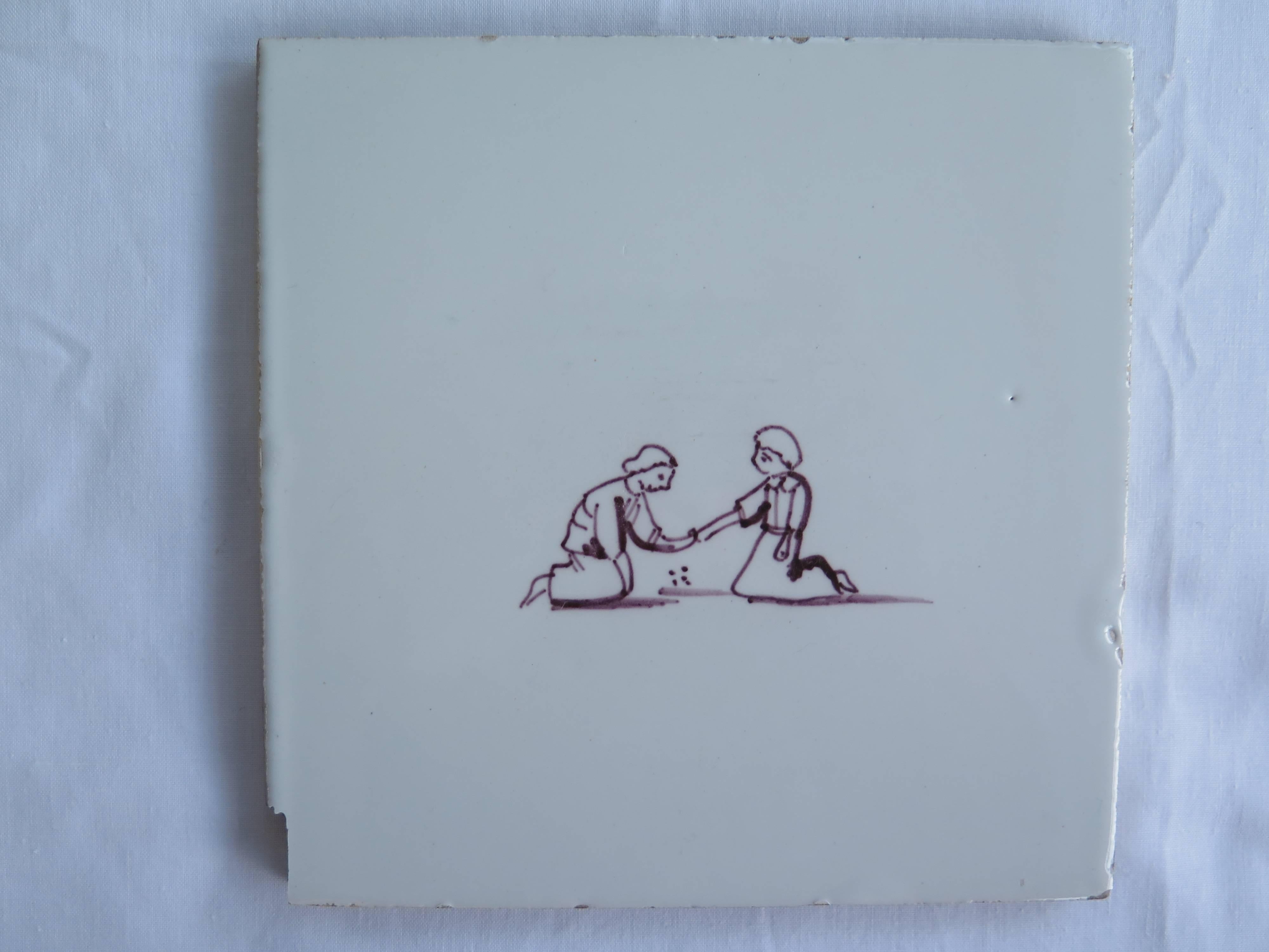 Earthenware Seven Delft Ceramic Manganese Wall Tiles Hand painted Children's Games