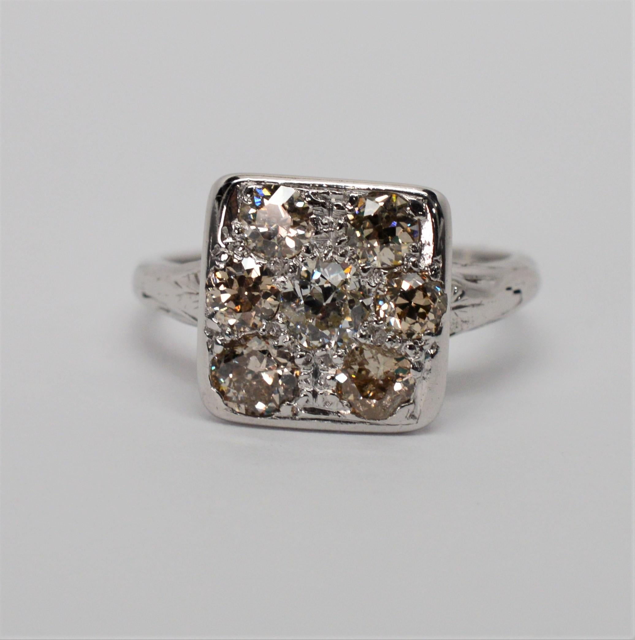 Old Mine Cut Seven Diamond 14 Karat White Gold Ring For Sale