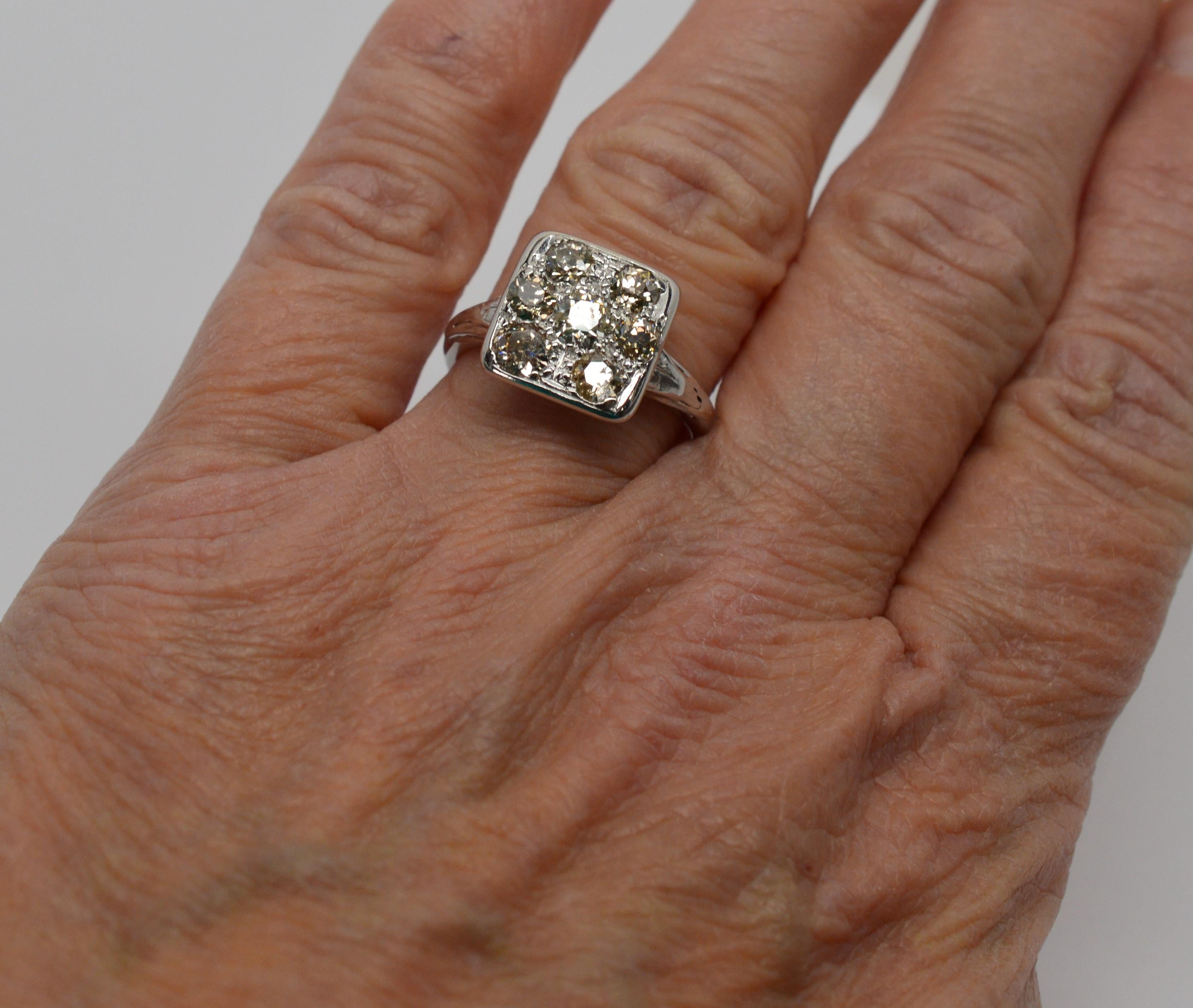 Women's Seven Diamond 14 Karat White Gold Ring For Sale