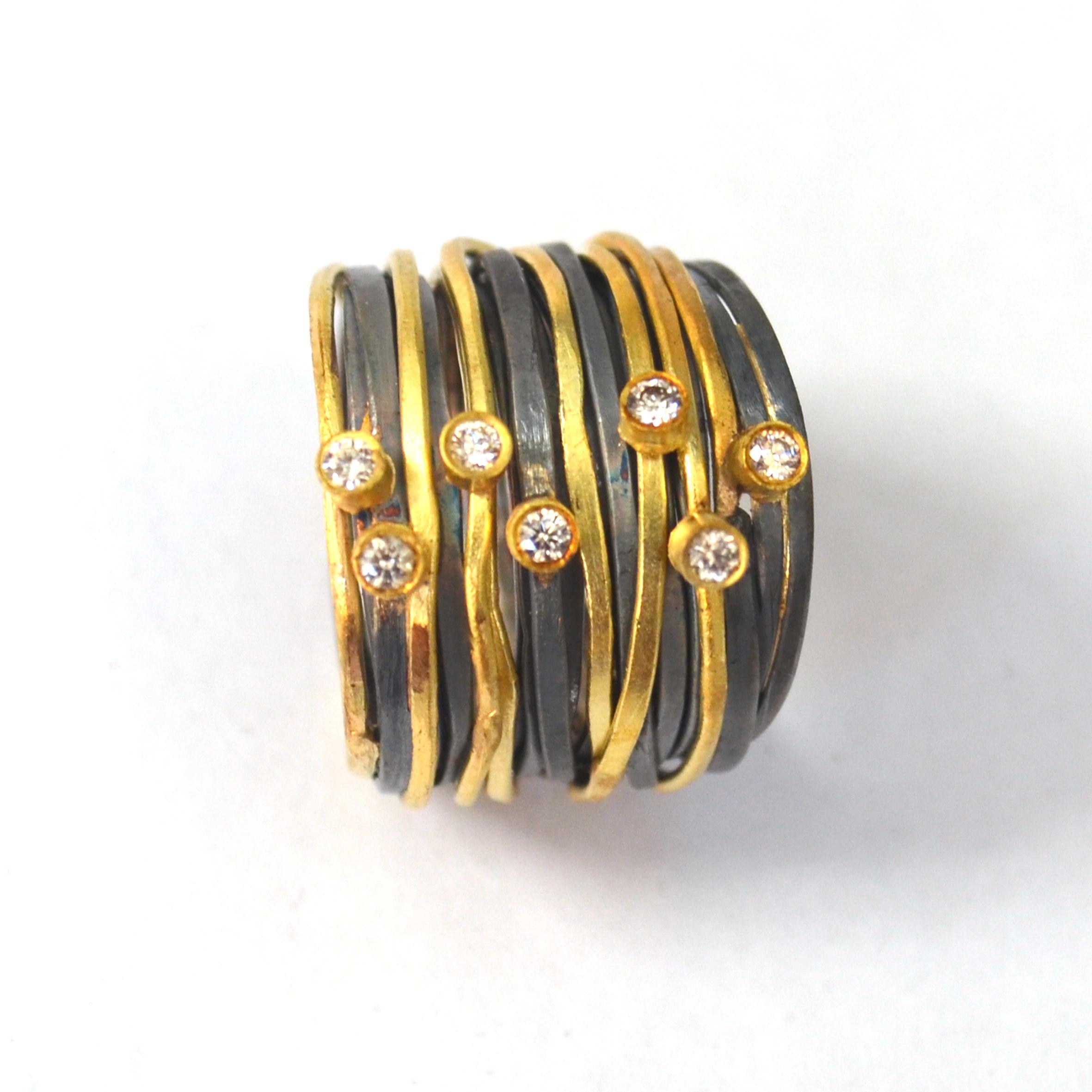 Contemporary Seven Diamond 18 Karat Gold/Oxidised Silver 'Spaghetti Ring' by Disa Allsopp For Sale