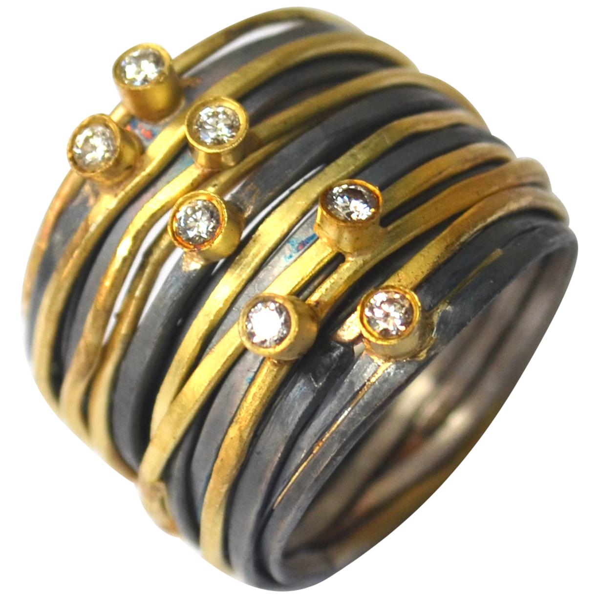 Seven Diamond 18 Karat Gold/Oxidised Silver 'Spaghetti Ring' by Disa Allsopp For Sale