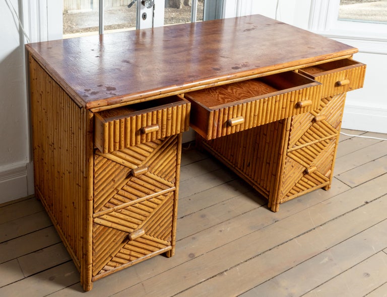 SevenDrawer Bamboo Desk with Glass Top For Sale at 1stDibs