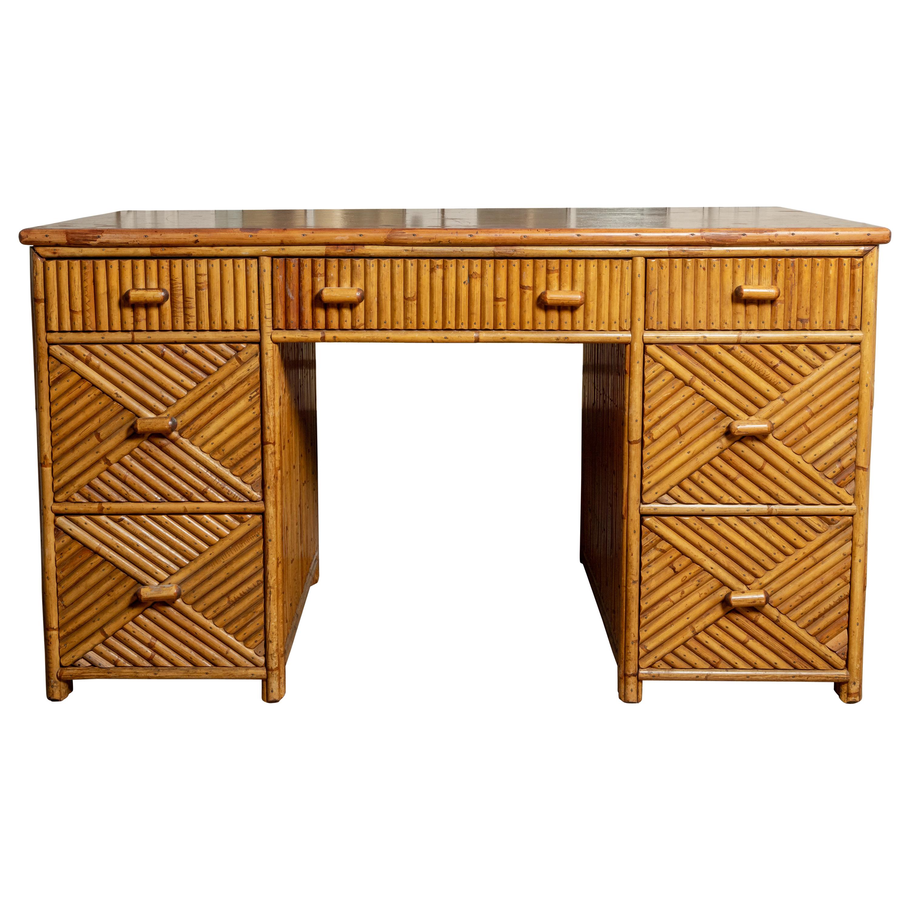 Seven-Drawer Bamboo Desk with Glass Top
