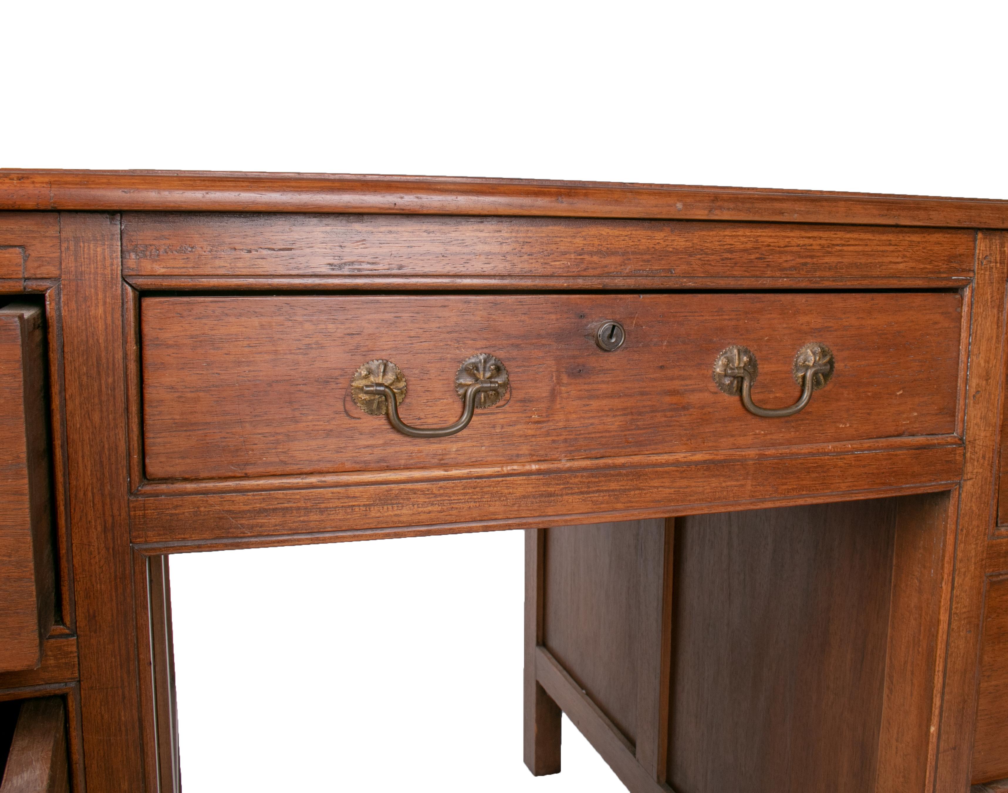 Seven Drawer Executive Desk with Brass Handles from Singapore In Good Condition For Sale In Marbella, ES