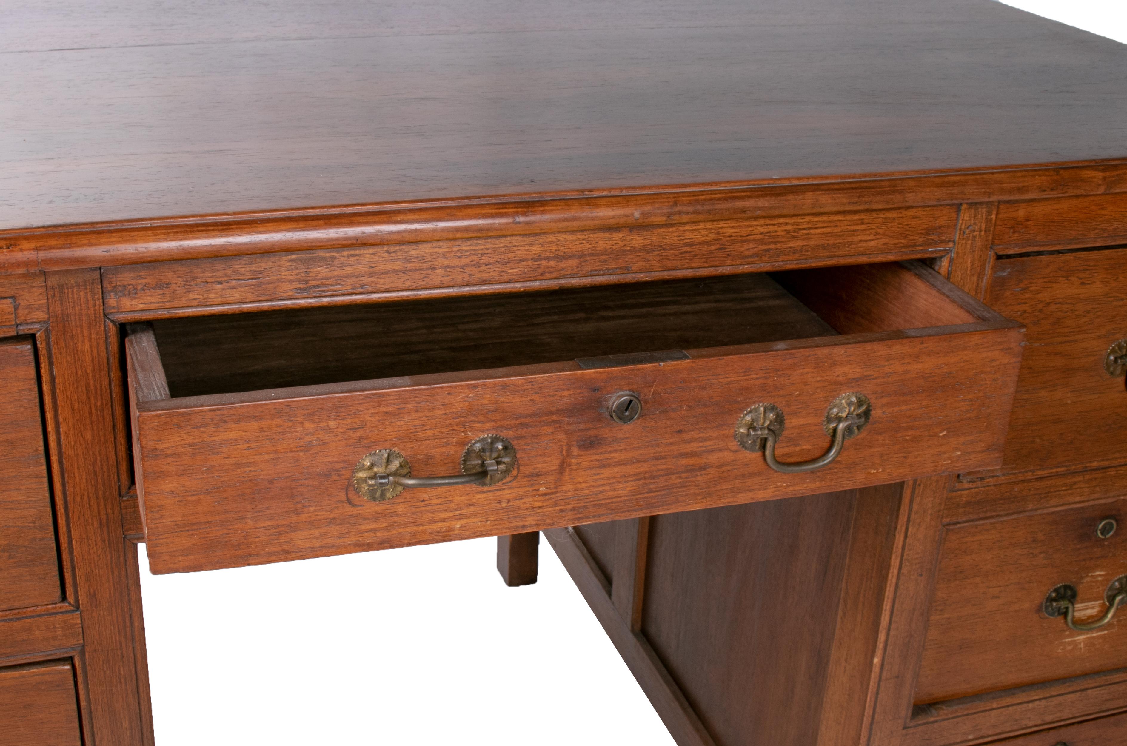 19th Century Seven Drawer Executive Desk with Brass Handles from Singapore For Sale
