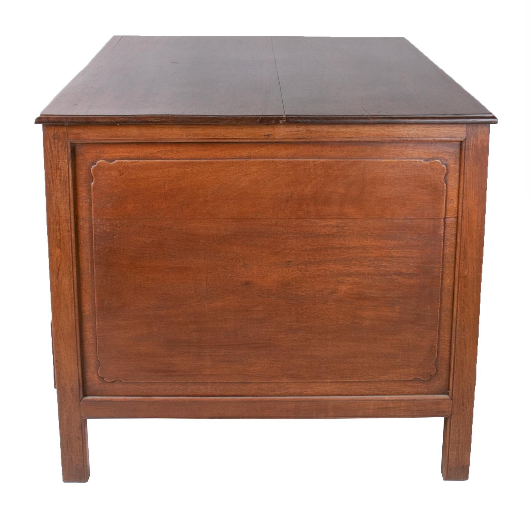 Wood Seven Drawer Executive Desk with Brass Handles from Singapore For Sale
