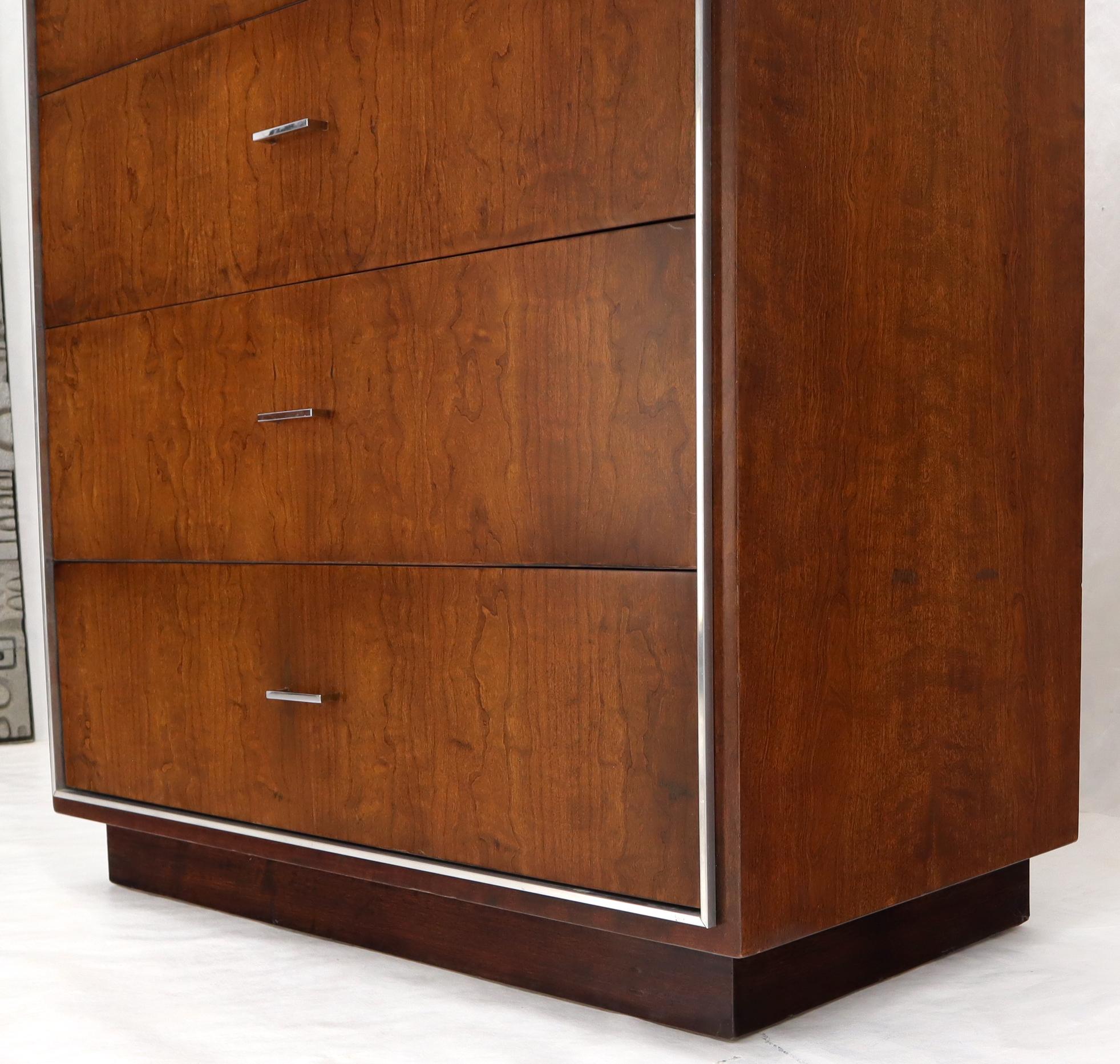 Seven Drawers Burl Wood Chrome Metal Bezel High Chest Dresser by John Stuart For Sale 5