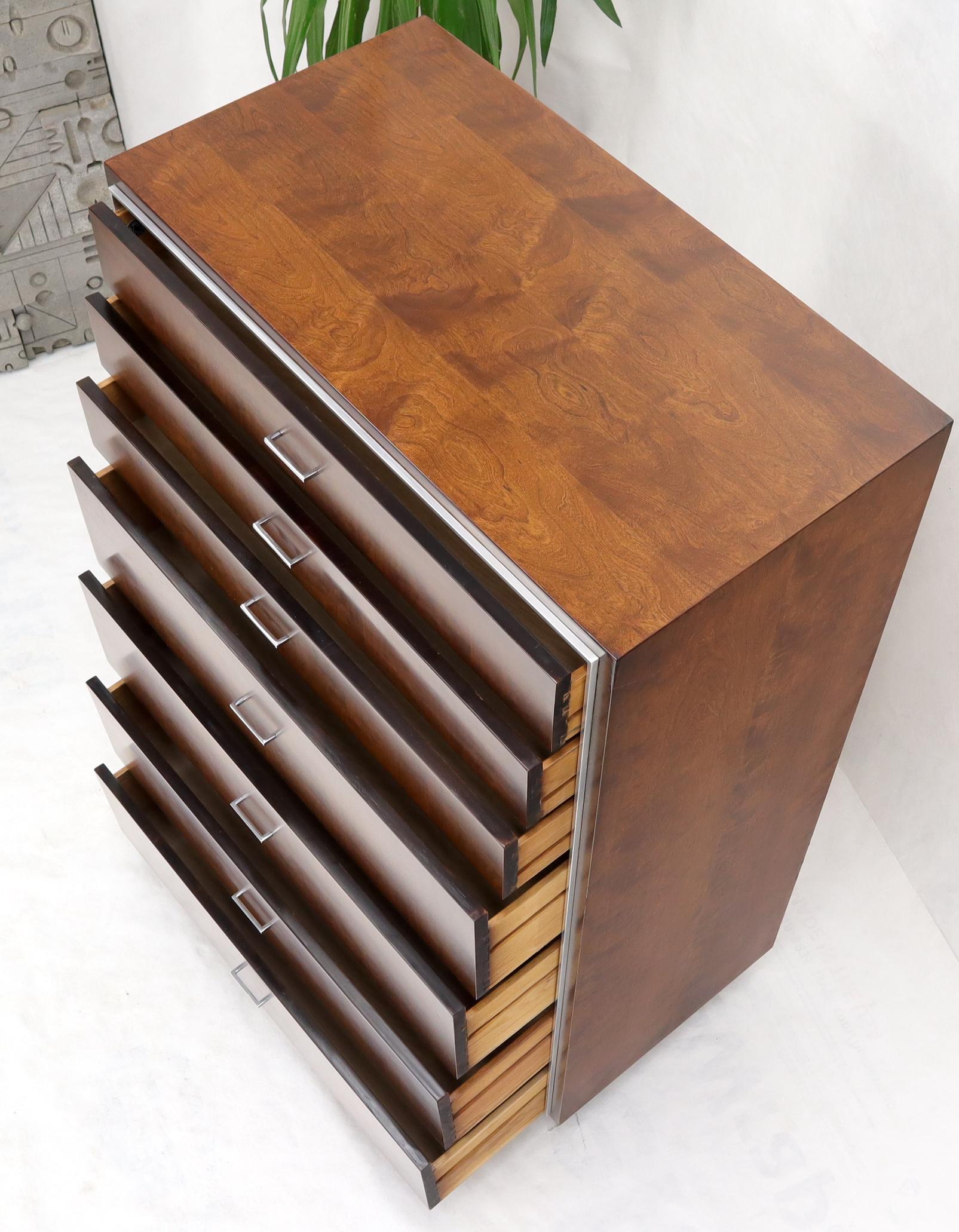 Mid-Century Modern burlwood chrome bezel and pulls high chest seven drawers dresser by John Stuart.
