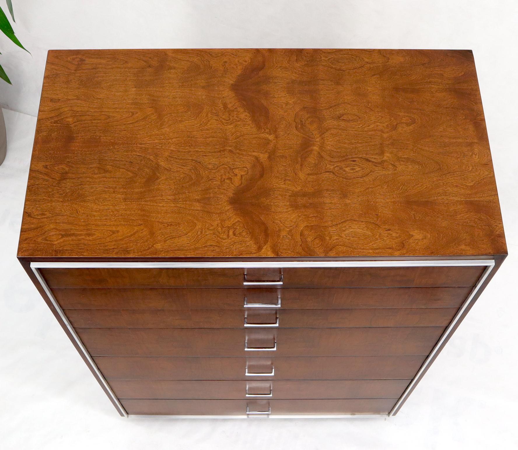 Mid-Century Modern Seven Drawers Burl Wood Chrome Metal Bezel High Chest Dresser by John Stuart For Sale
