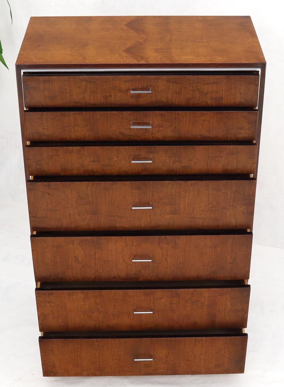 Lacquered Seven Drawers Burl Wood Chrome Metal Bezel High Chest Dresser by John Stuart For Sale