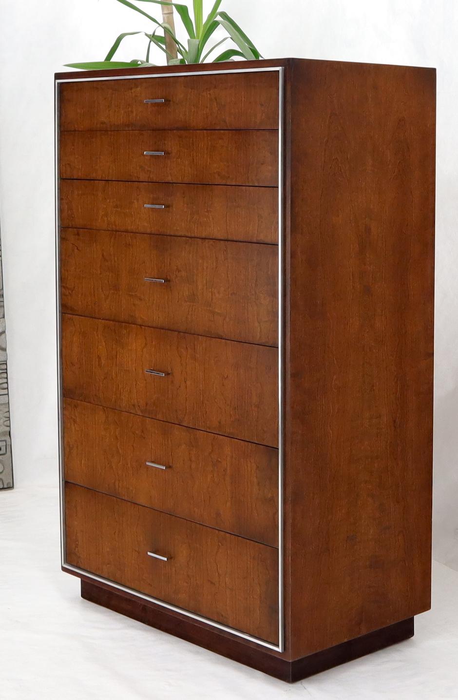 20th Century Seven Drawers Burl Wood Chrome Metal Bezel High Chest Dresser by John Stuart For Sale