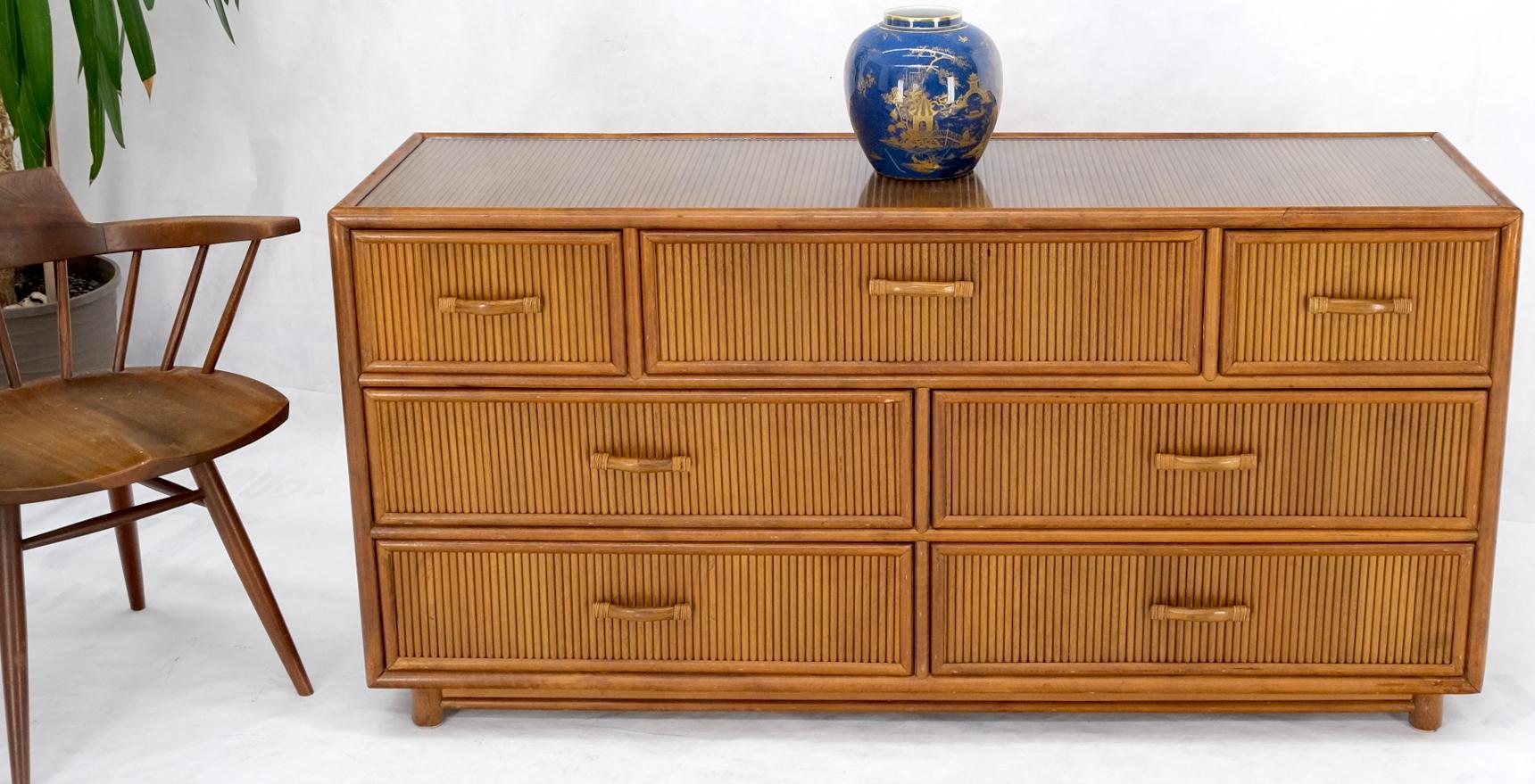 20th Century Seven Drawers Pencil Reed Bamboo Rattan Style Long Dresser w/ Glass Top