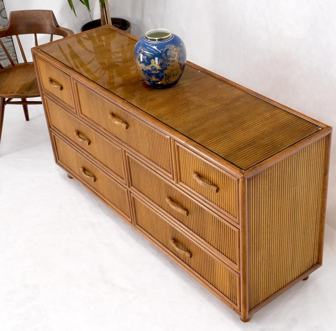 Seven Drawers Pencil Reed Bamboo Rattan Style Long Dresser w/ Glass Top 1