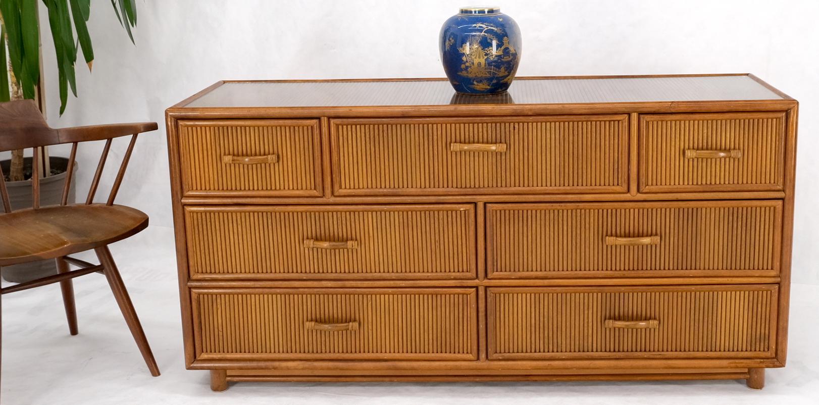 Seven Drawers Pencil Reed Bamboo Rattan Style Long Dresser w/ Glass Top 2