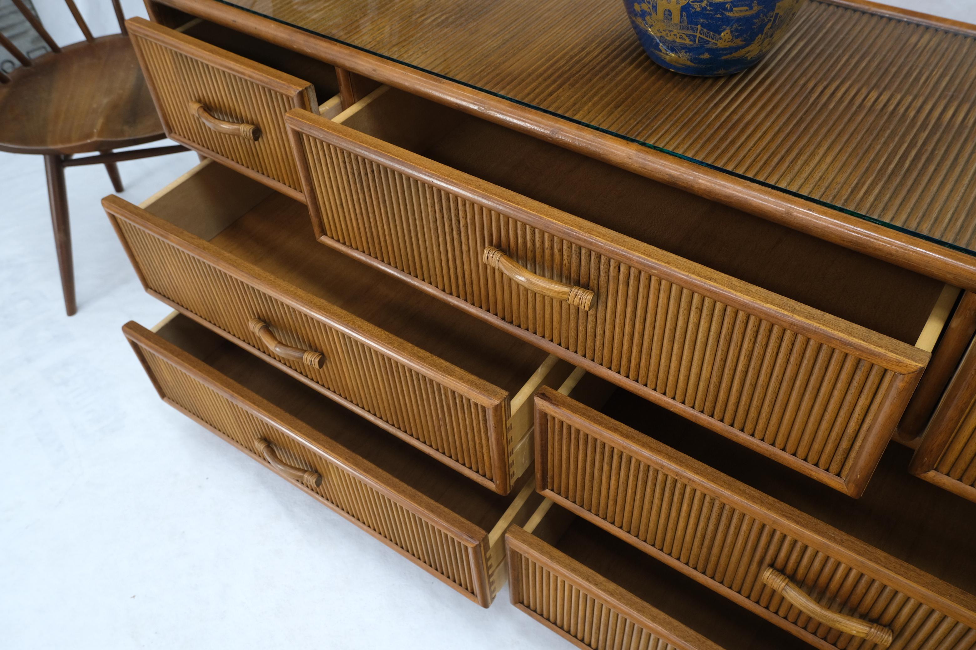 Unknown Seven Drawers Pencil Reed Bamboo Rattan Style Long Dresser w/ Glass Top