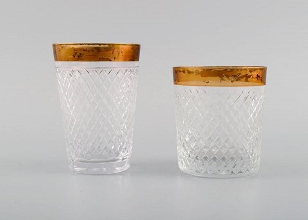 French Seven Drinking Glasses in Mouth-Blown Crystal Glass with Gold Edge, 1930's For Sale