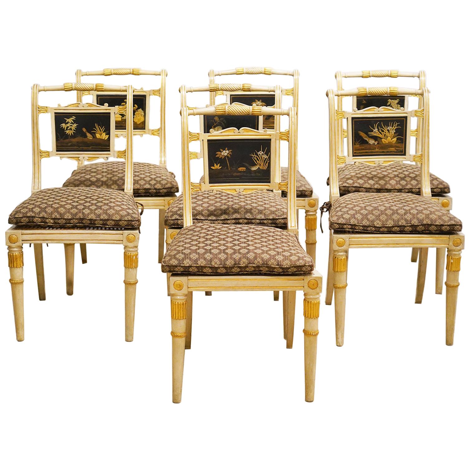 Seven English Regency Paint, Gilt and Lacquer Chairs by William Bertram, 19th C.